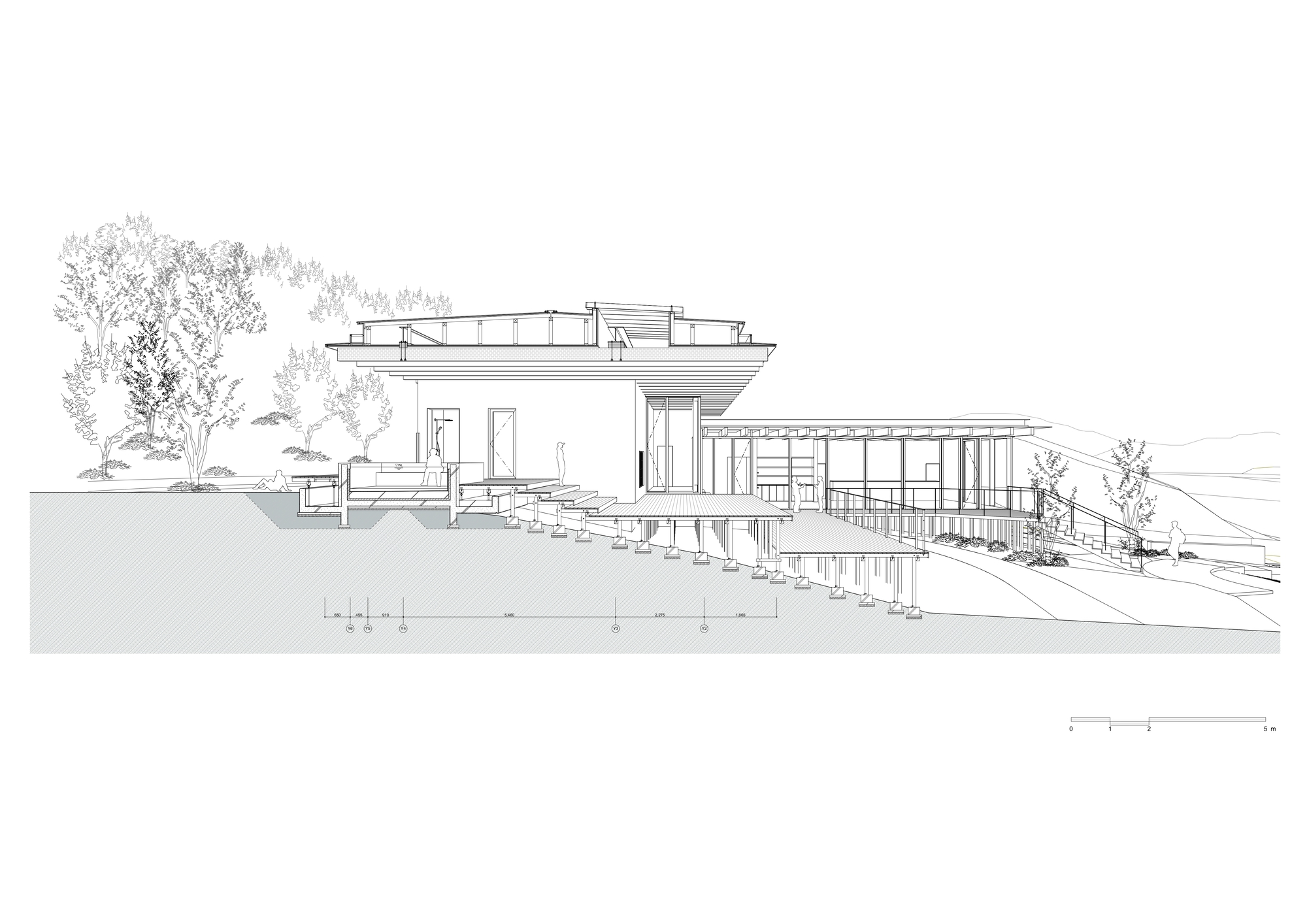 Section drawing showing a multi-level structure on sloping terrain with exterior stairs and trees