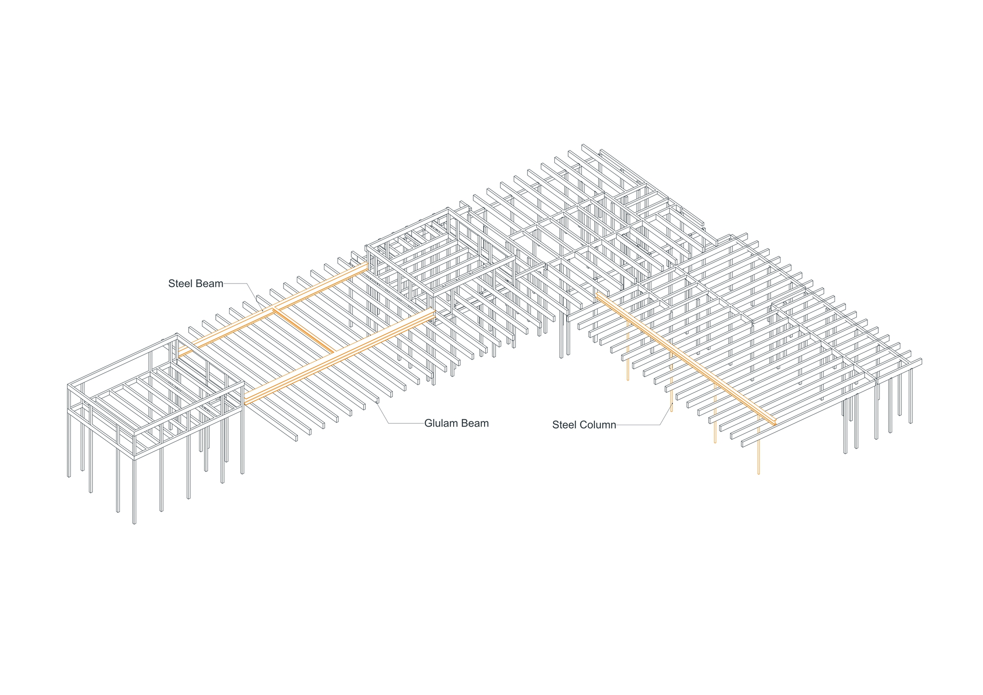 Axonometric drawing of a structural system with steel beams, glulam beams and columns supporting roof joists