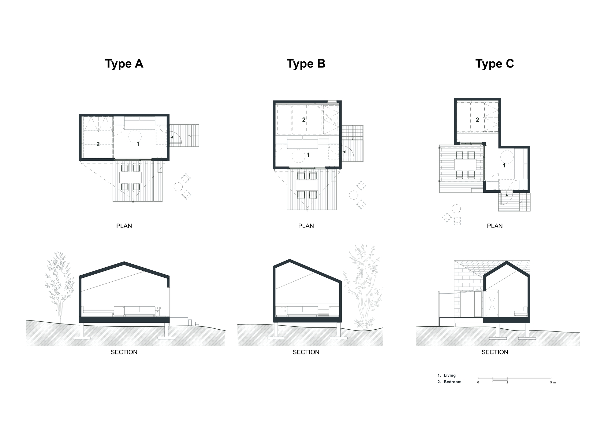 Plan and section drawings comparing three dwelling types with gabled roofs and outdoor decks