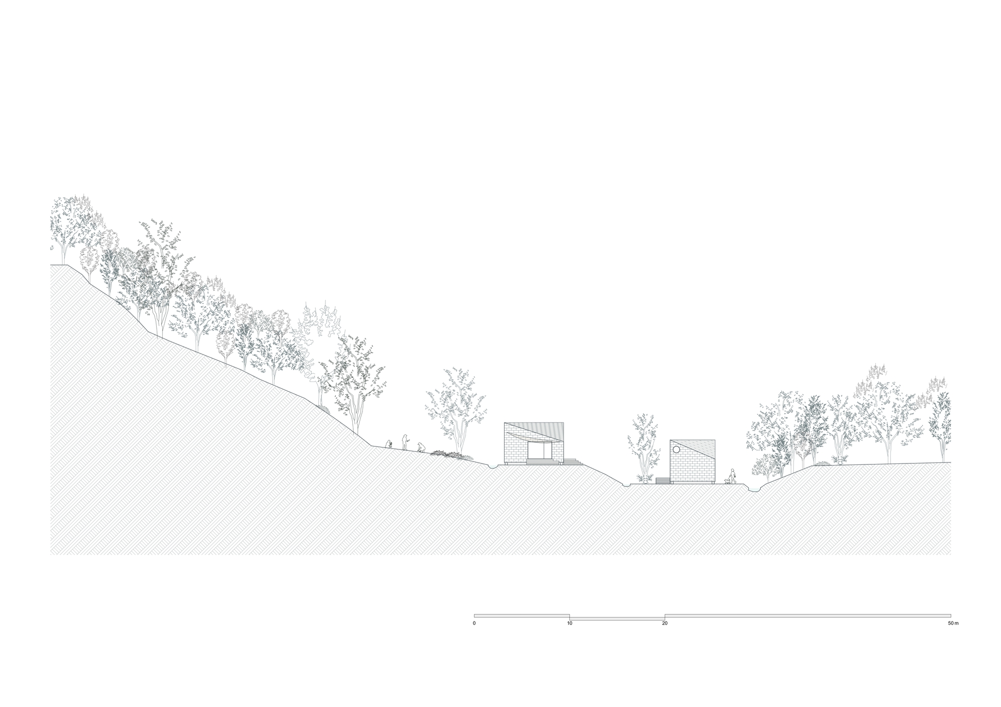 Site section drawing showing two small structures nestled into sloping terrain with scattered trees
