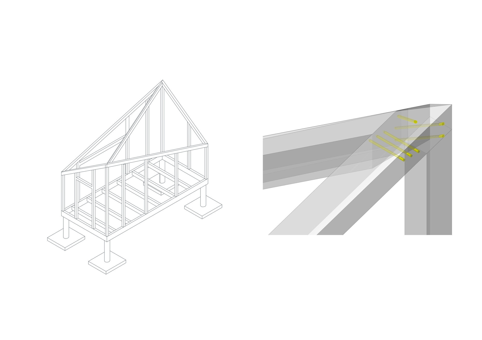 Axonometric and detail drawings of a timber-framed structure with foundation piers and ridge connection
