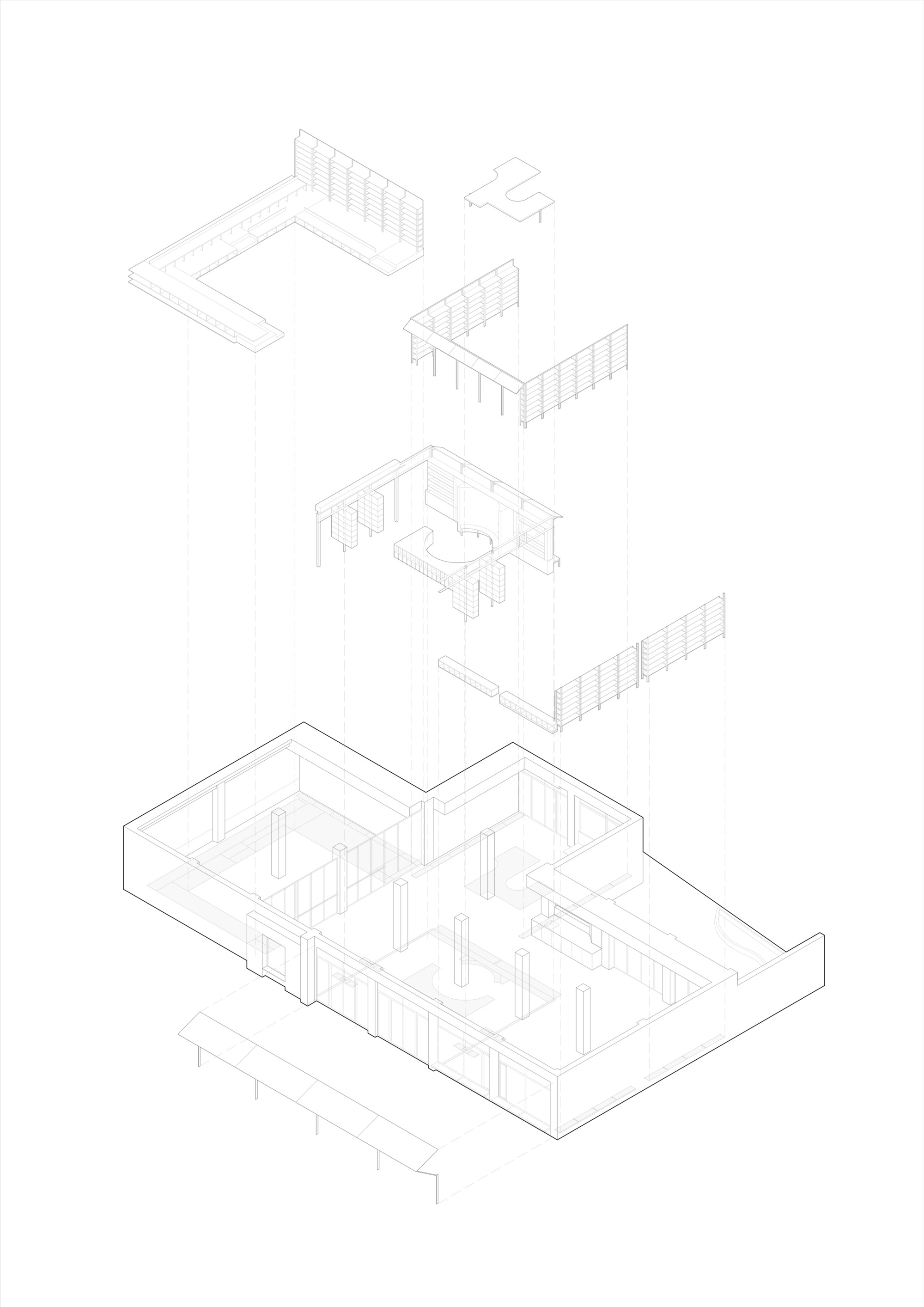 Exploded axonometric drawing revealing multiple floor levels with interior partitions and structural columns