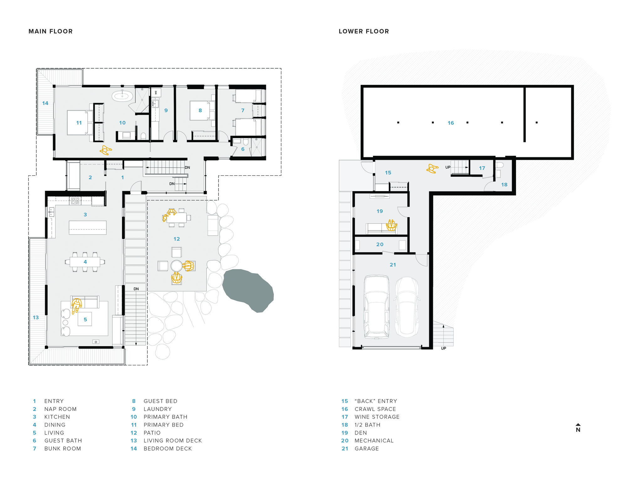 Floor plan drawing showing main and lower levels with living spaces and garage