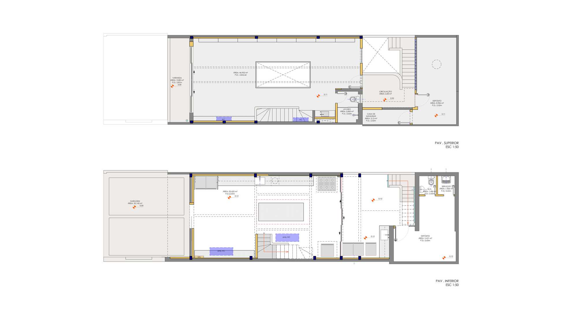 Floor plan drawings showing two levels with central staircases and open living spaces