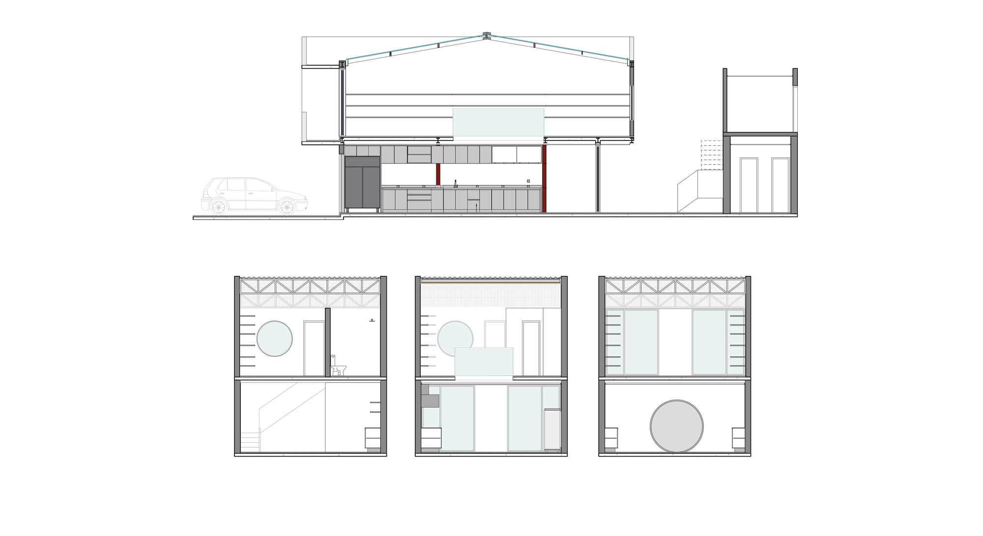 Section and elevation drawings showing a gabled roof structure with truss detail and interior spatial divisions