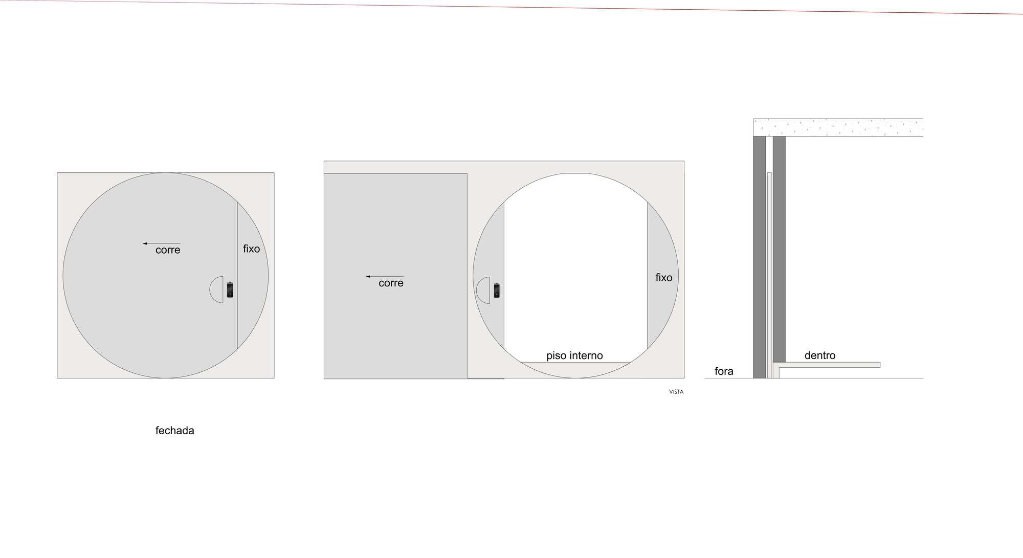 Facade and section diagrams illustrating circular openings and spatial relationships between interior and exterior zones