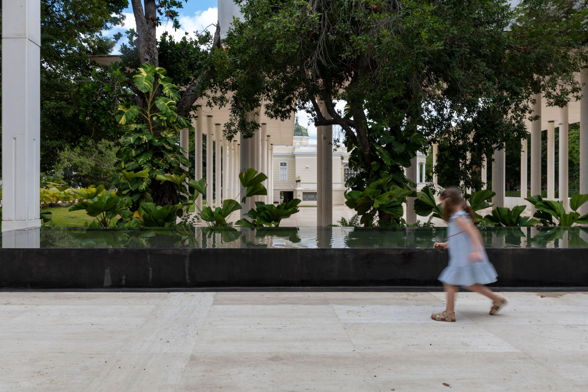 Polished black stone reflecting pool with tropical plantings as a person walks past