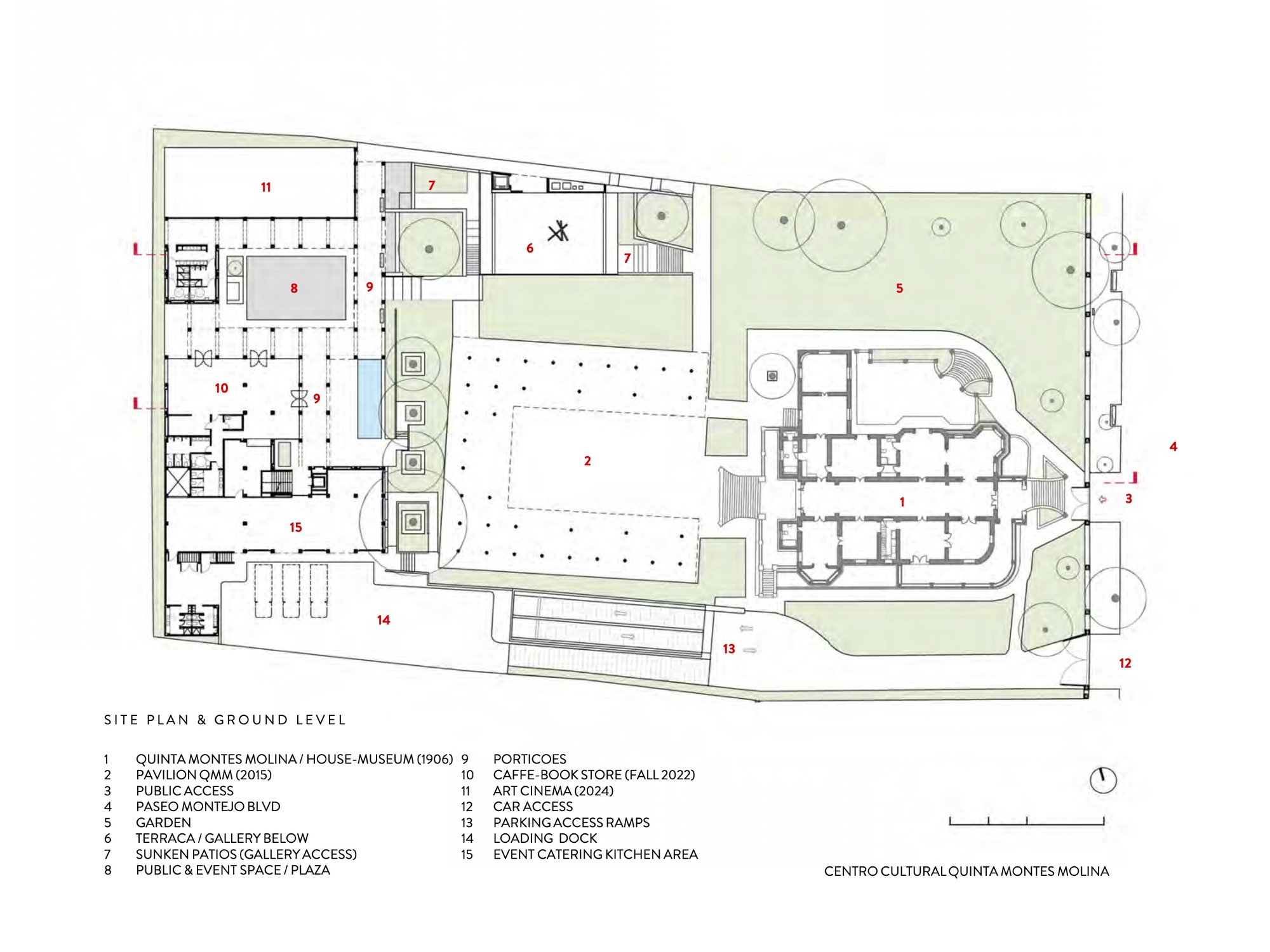 Site plan drawing showing a museum complex with pavilion, galleries, porticoes and landscaped grounds with circular tree symbols