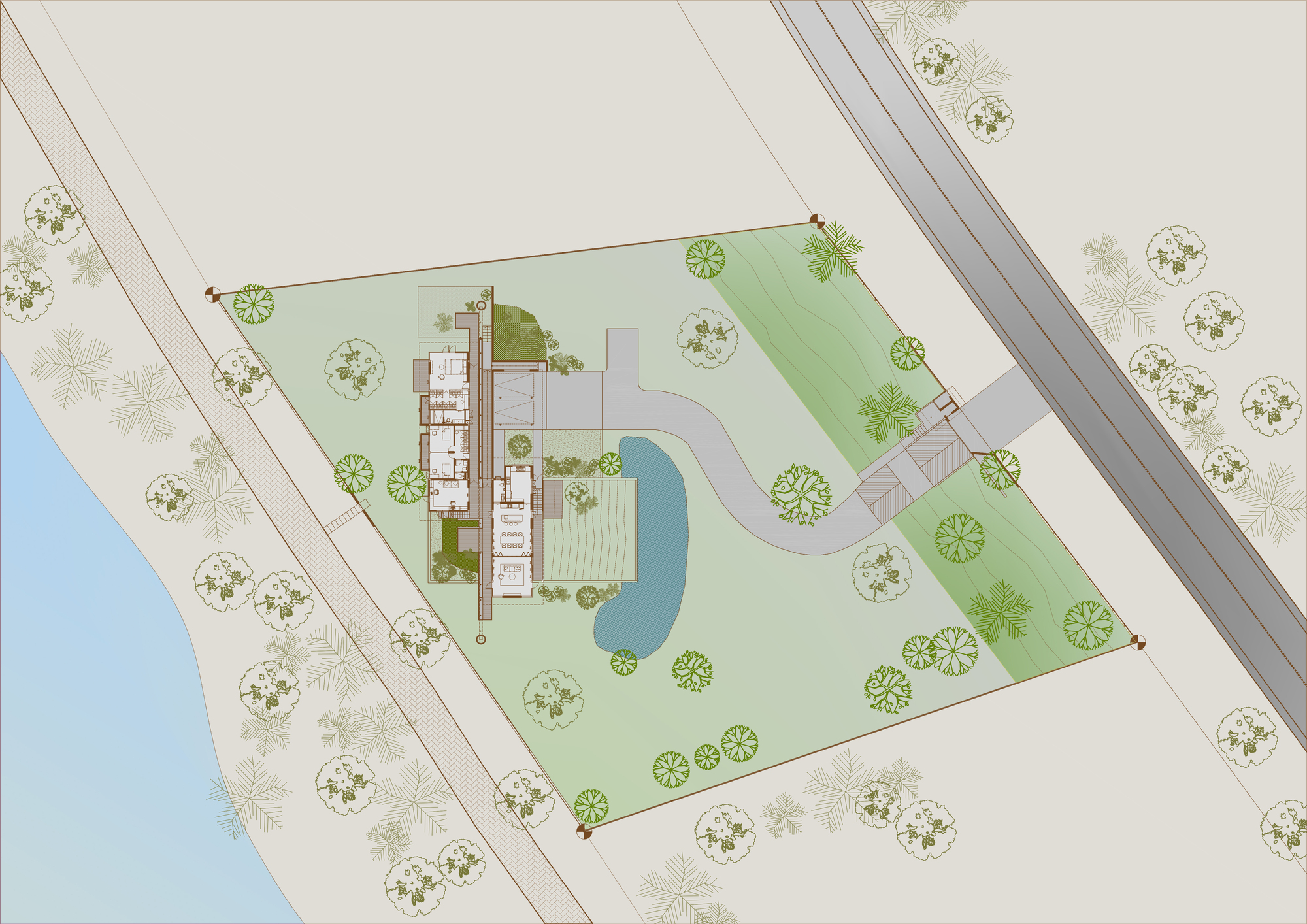 Site plan drawing showing linear building volumes beside a curved pool with surrounding landscape and trees