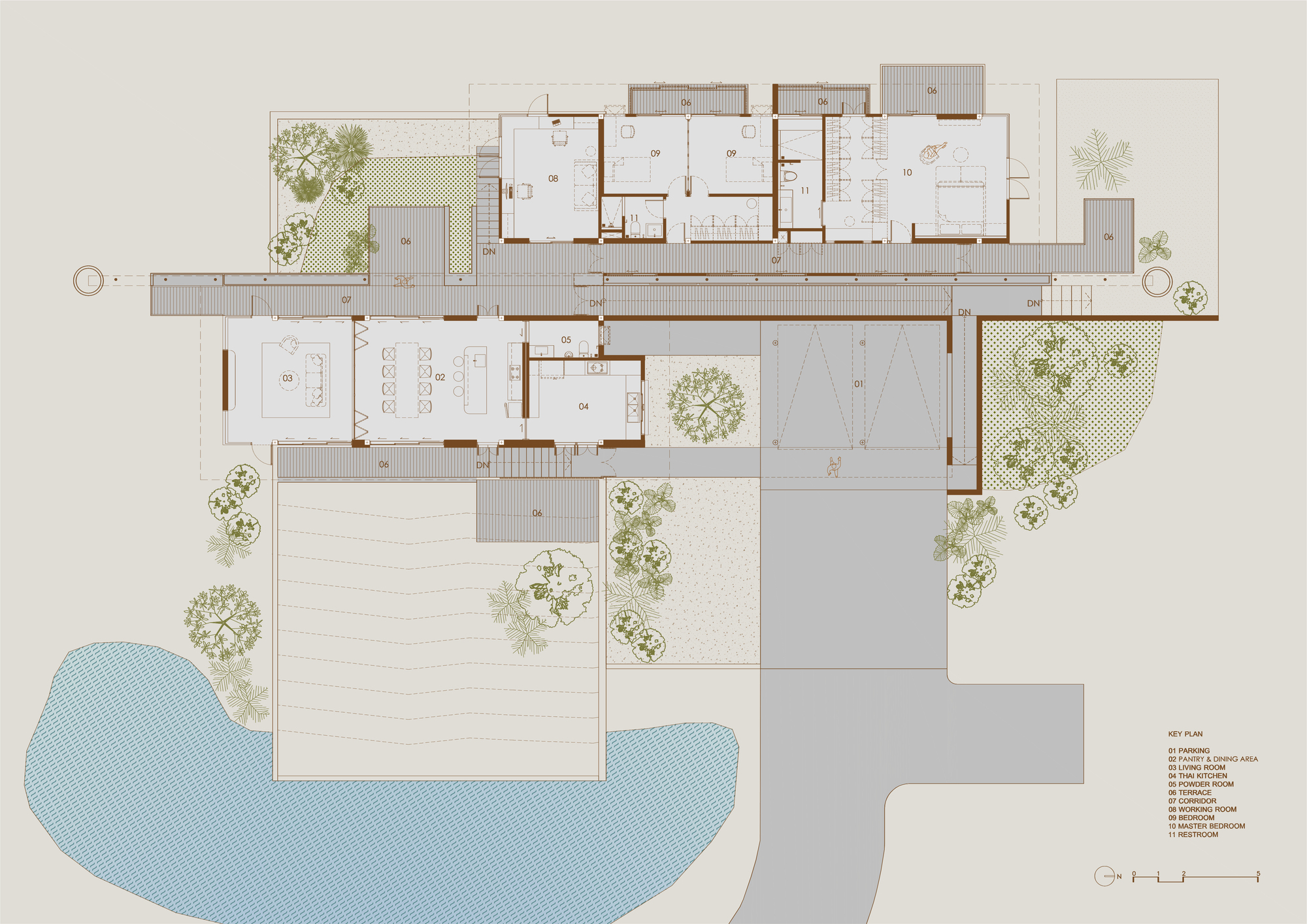 Floor plan drawing depicting interconnected rectangular volumes with courtyards and water features at the perimeter