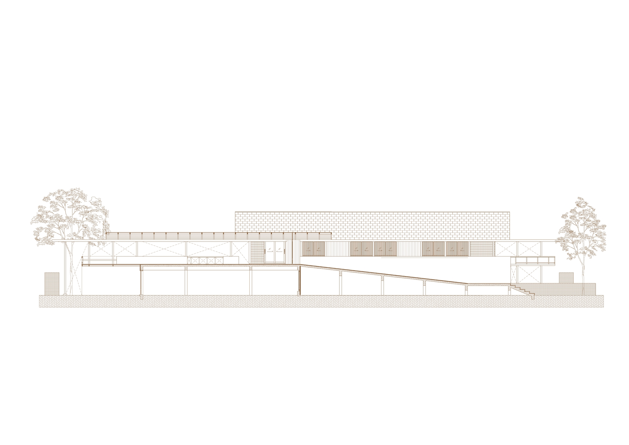 Elevation drawing showing horizontal building massing with perforated screen and flanking trees on grade
