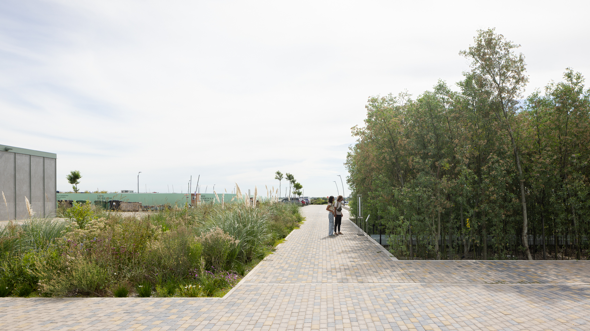 Brick paved terrace bordered by tall grasses with two figures walking toward distant woods