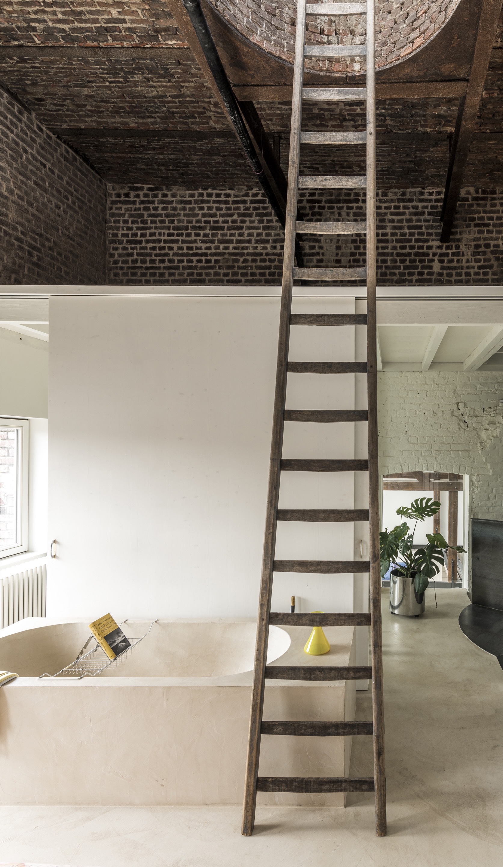 Steel ladder leaning against white partition wall below exposed brick ceiling with timber joists