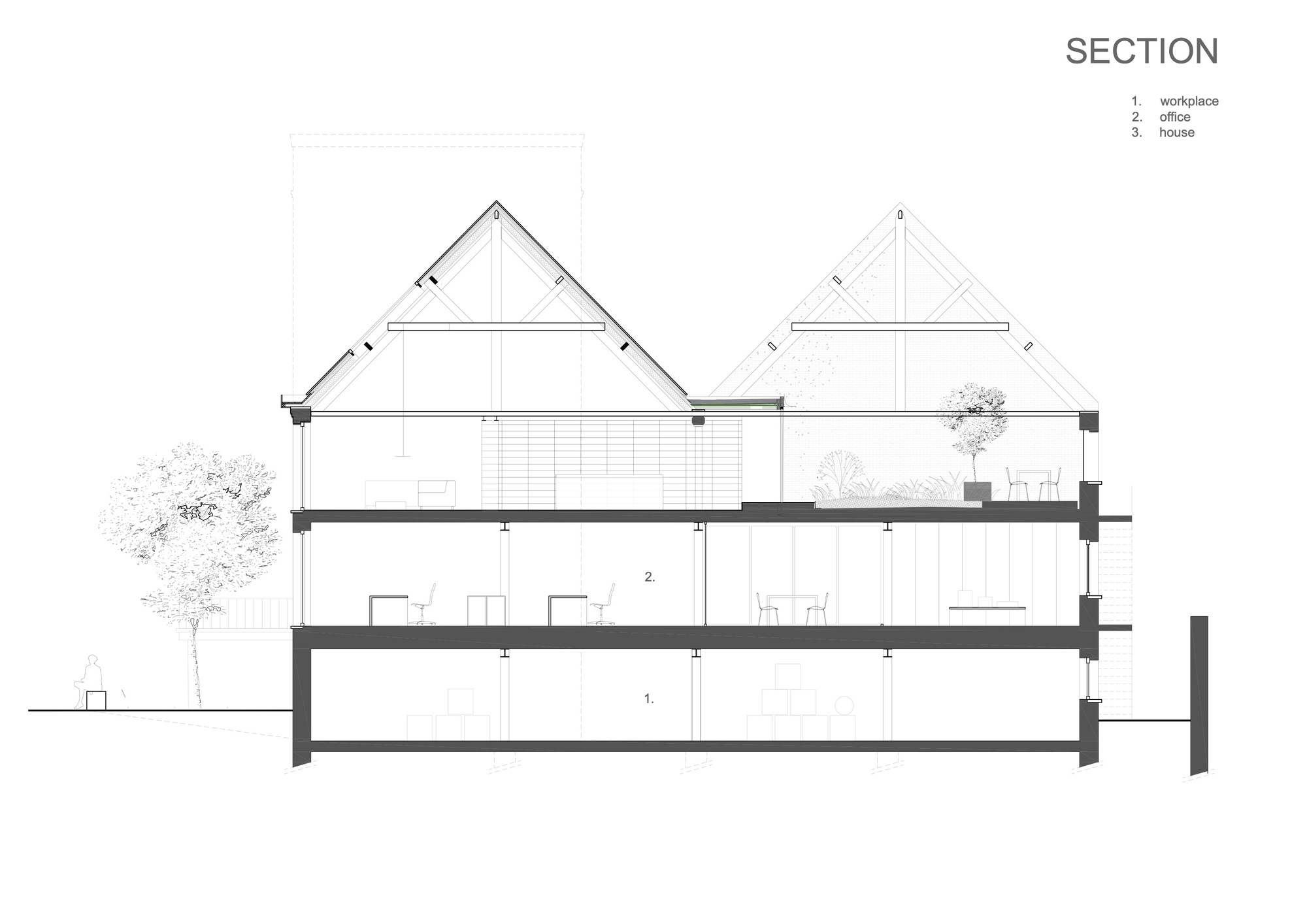 Section drawing showing three levels beneath paired gable roofs with roof trusses and adjacent tree