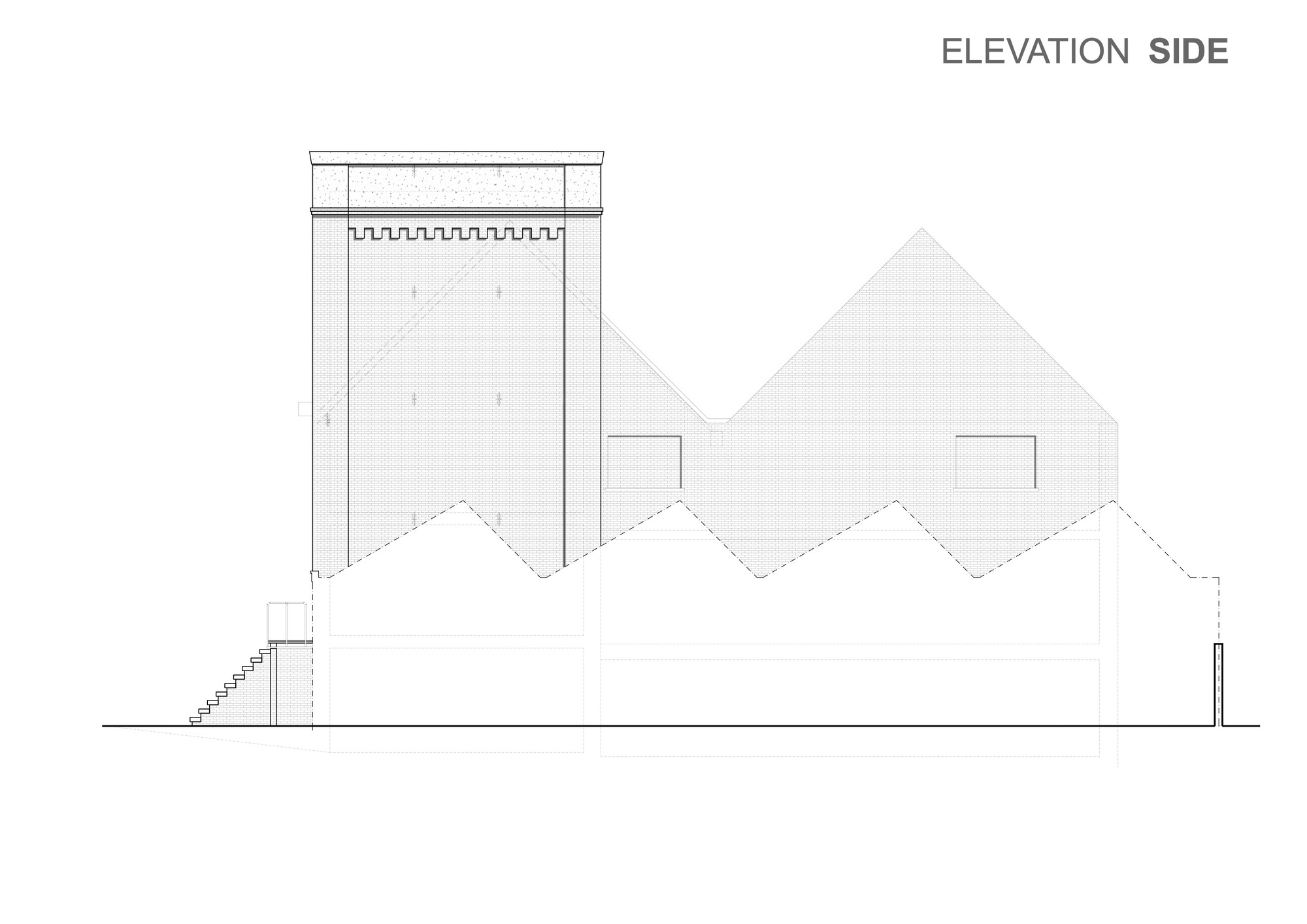 Side elevation drawing showing a tall masonry tower beside sawtooth roof forms and lower volumes