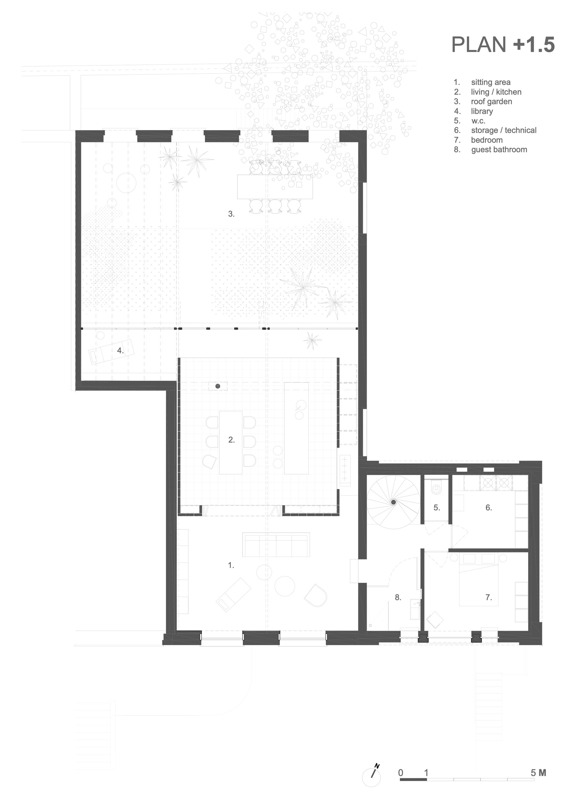 Floor plan drawing at level one-and-a-half showing living spaces and a roof garden with dotted vegetation