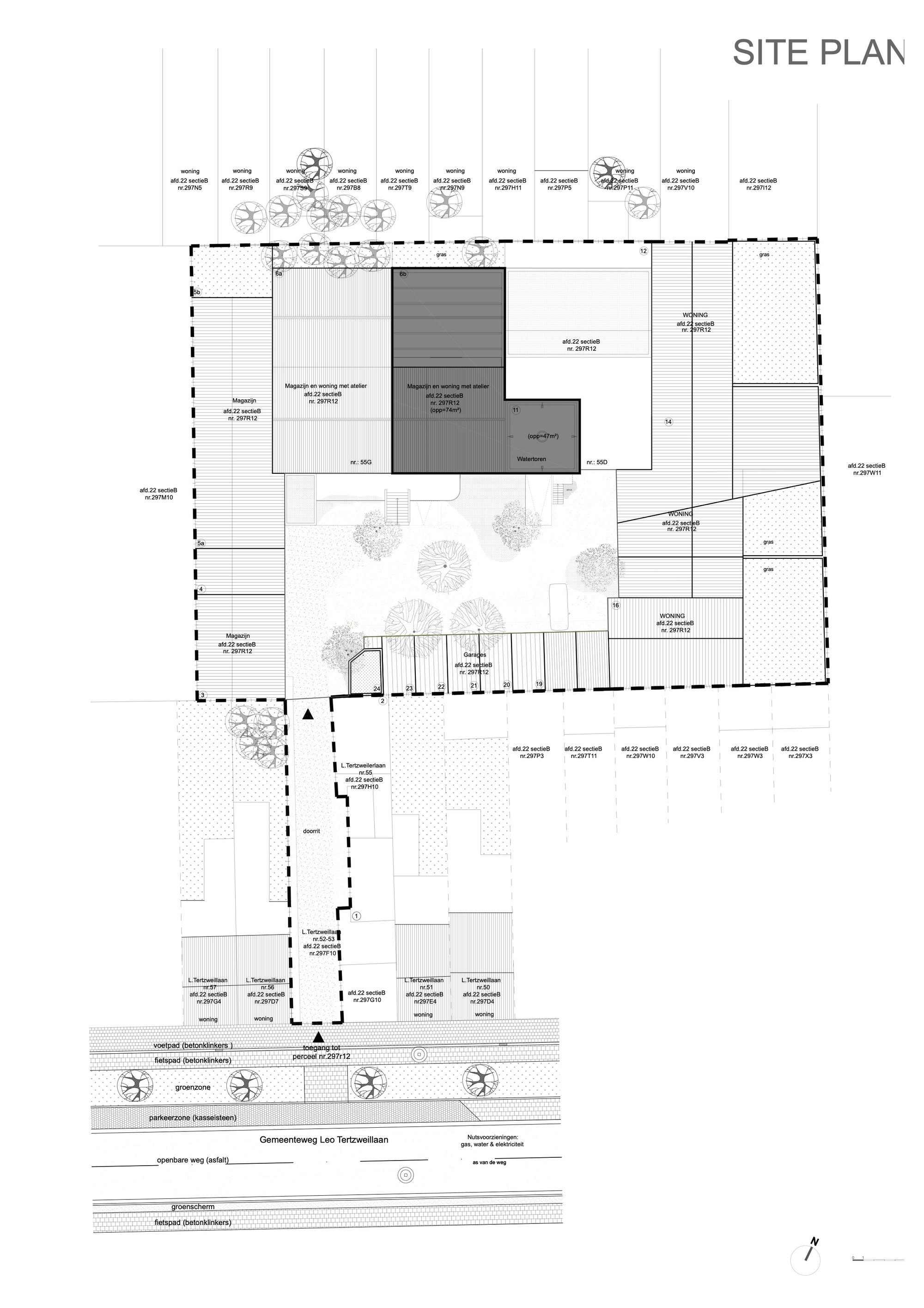 Site plan drawing showing building footprints in gray with courtyard trees and street trees along the perimeter