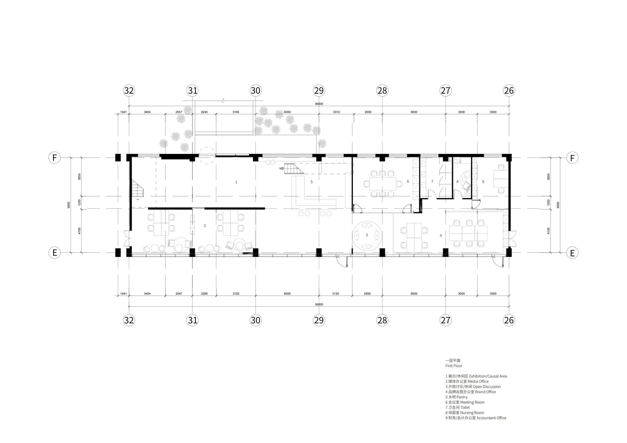 Floor plan drawing showing open office areas with workstations, meeting rooms, and central circulation