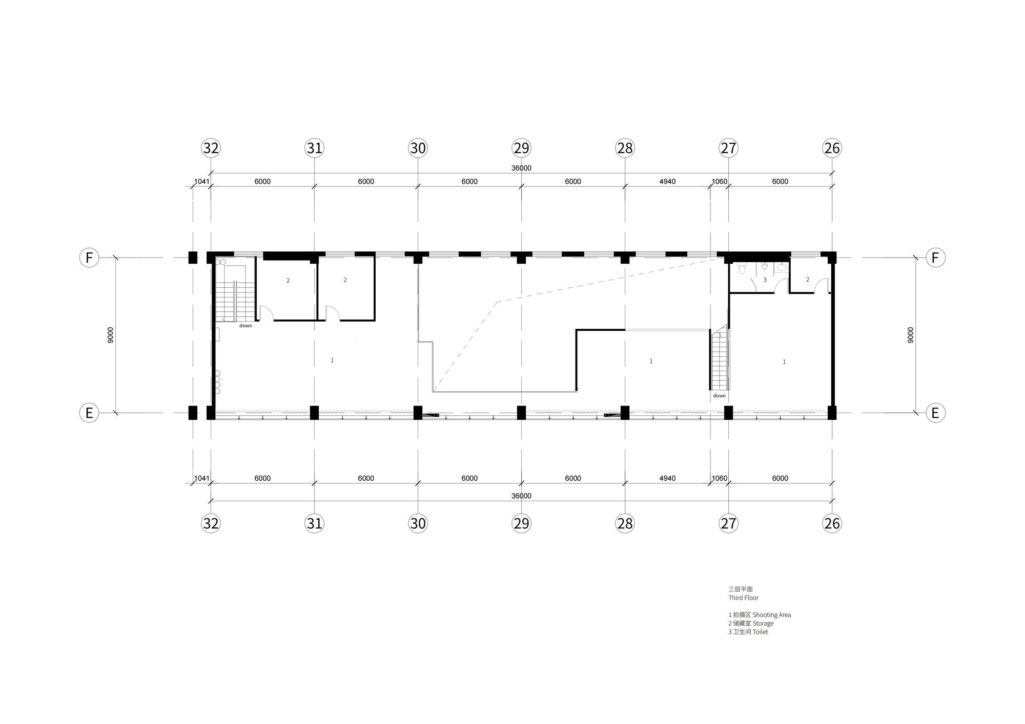 Floor plan drawing showing open floor with perimeter stairs, central volume, and minimal partitions