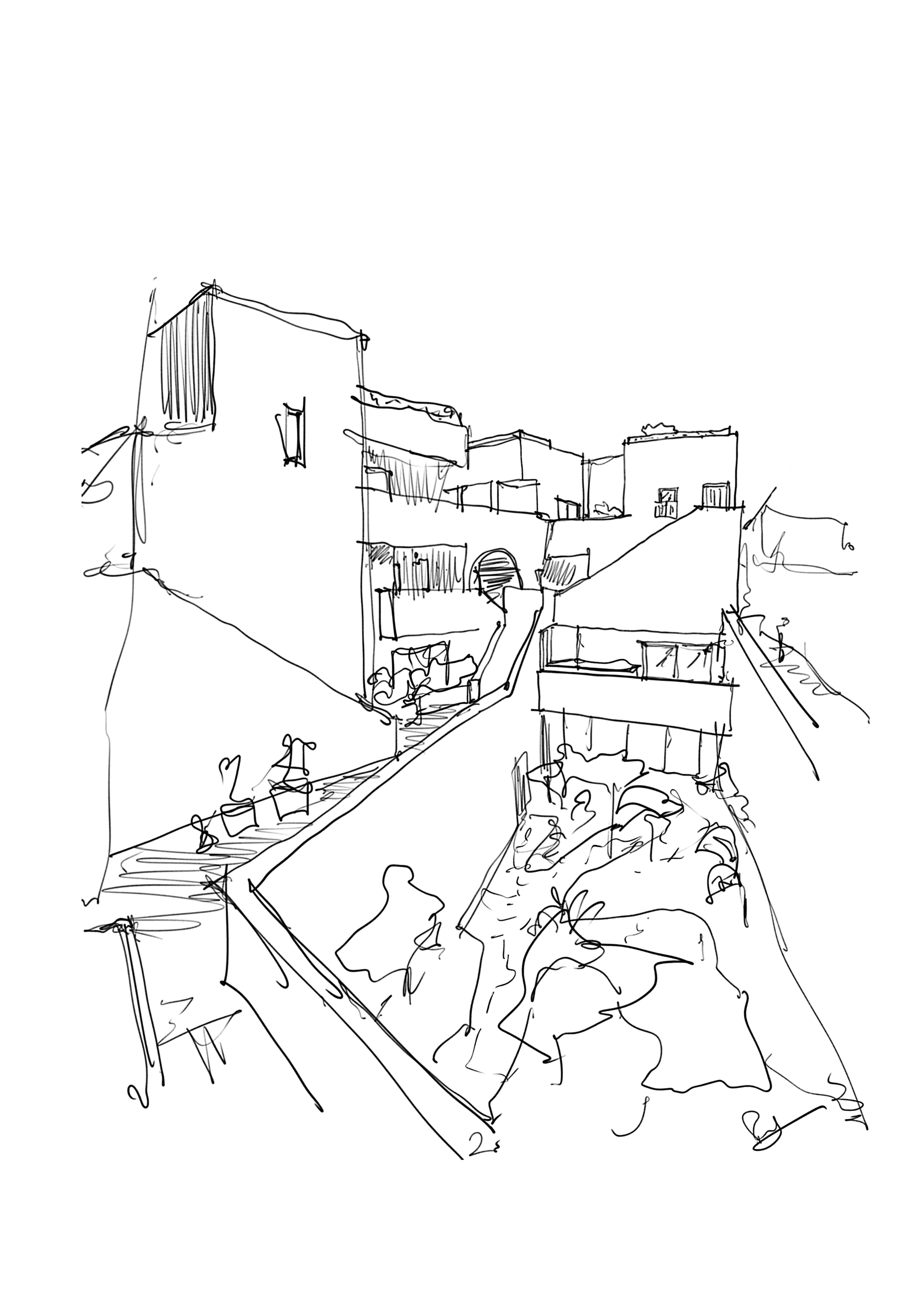 Sectional sketch showing multi-level interior spaces with stairs, figures, and natural landscape elements