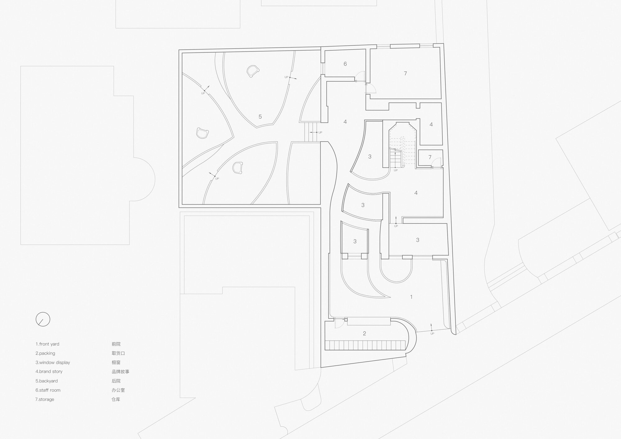 Floor plan drawing showing curvilinear courtyard layout with interior rooms and garden spaces