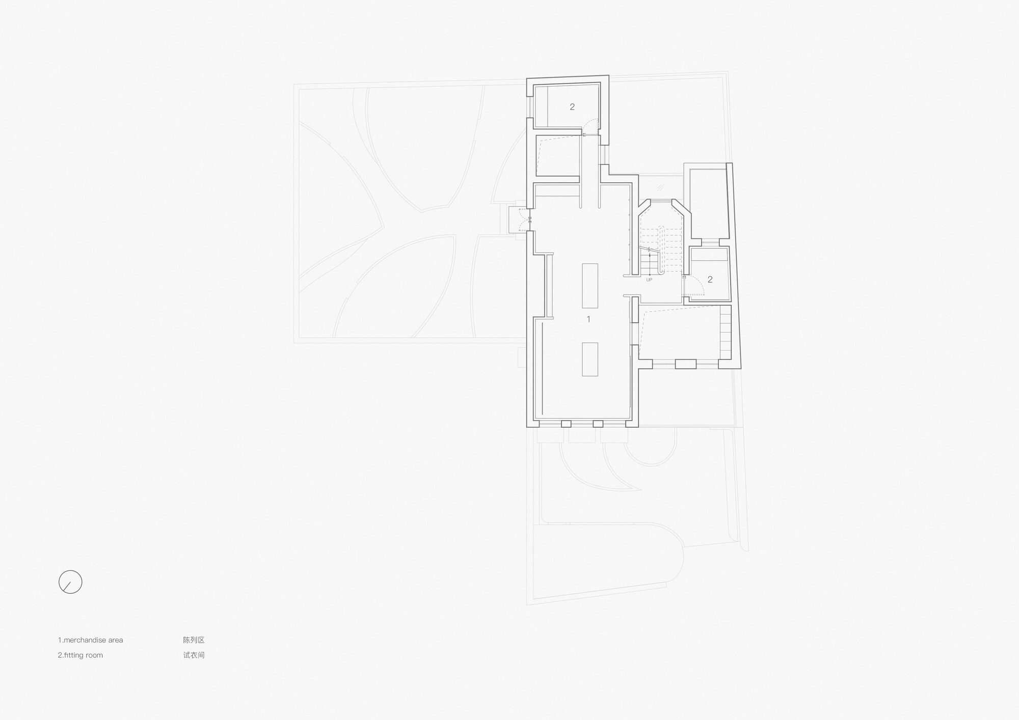 Floor plan drawing showing residential level with elongated main room and adjacent spaces
