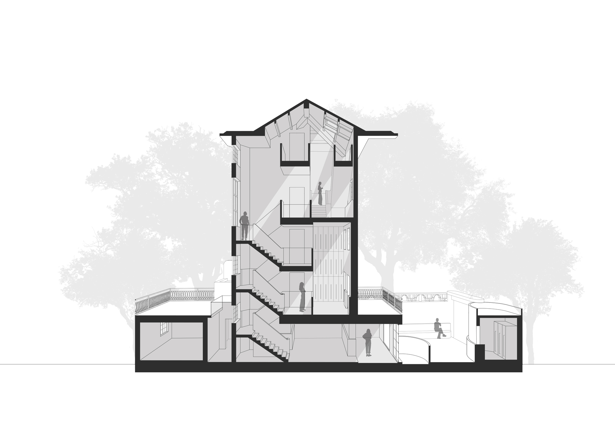 Section drawing showing central staircase linking five levels beneath a pitched roof volume
