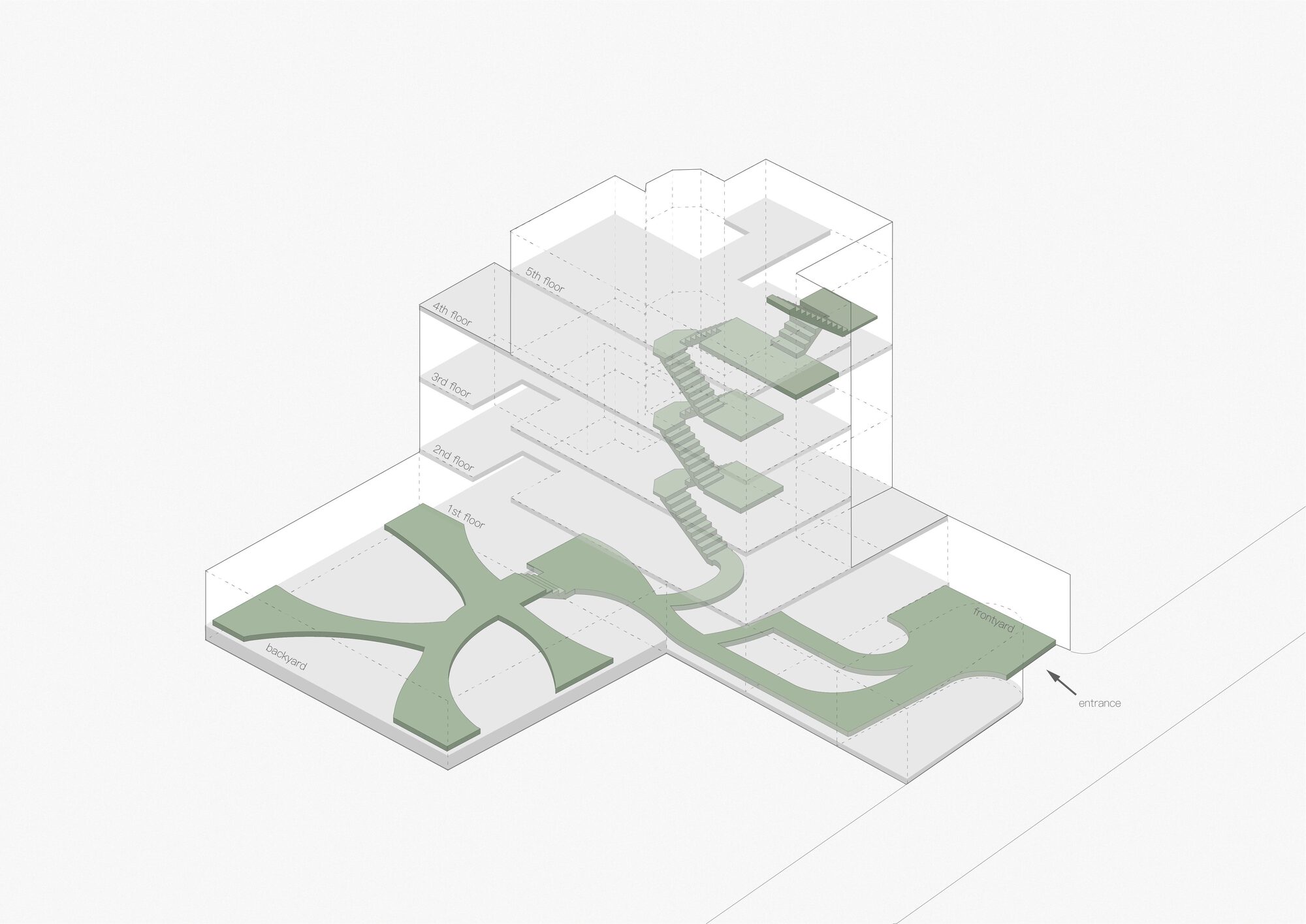 Axonometric diagram illustrating green landscape surfaces wrapping around and through stacked floor plates