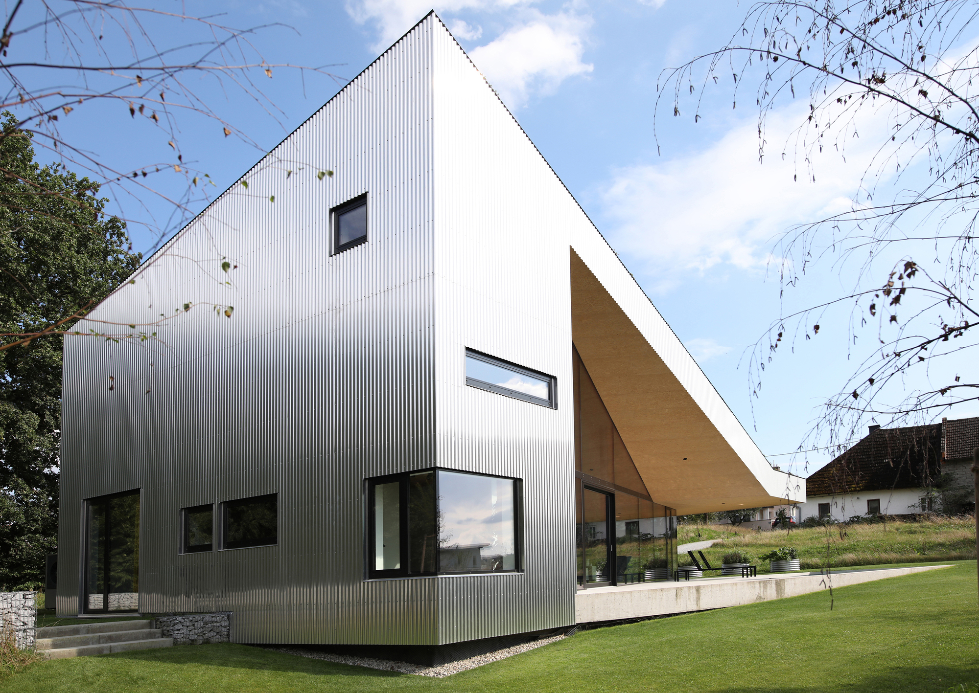 Vertical metal-clad facade with scattered punched windows beneath bare tree branches