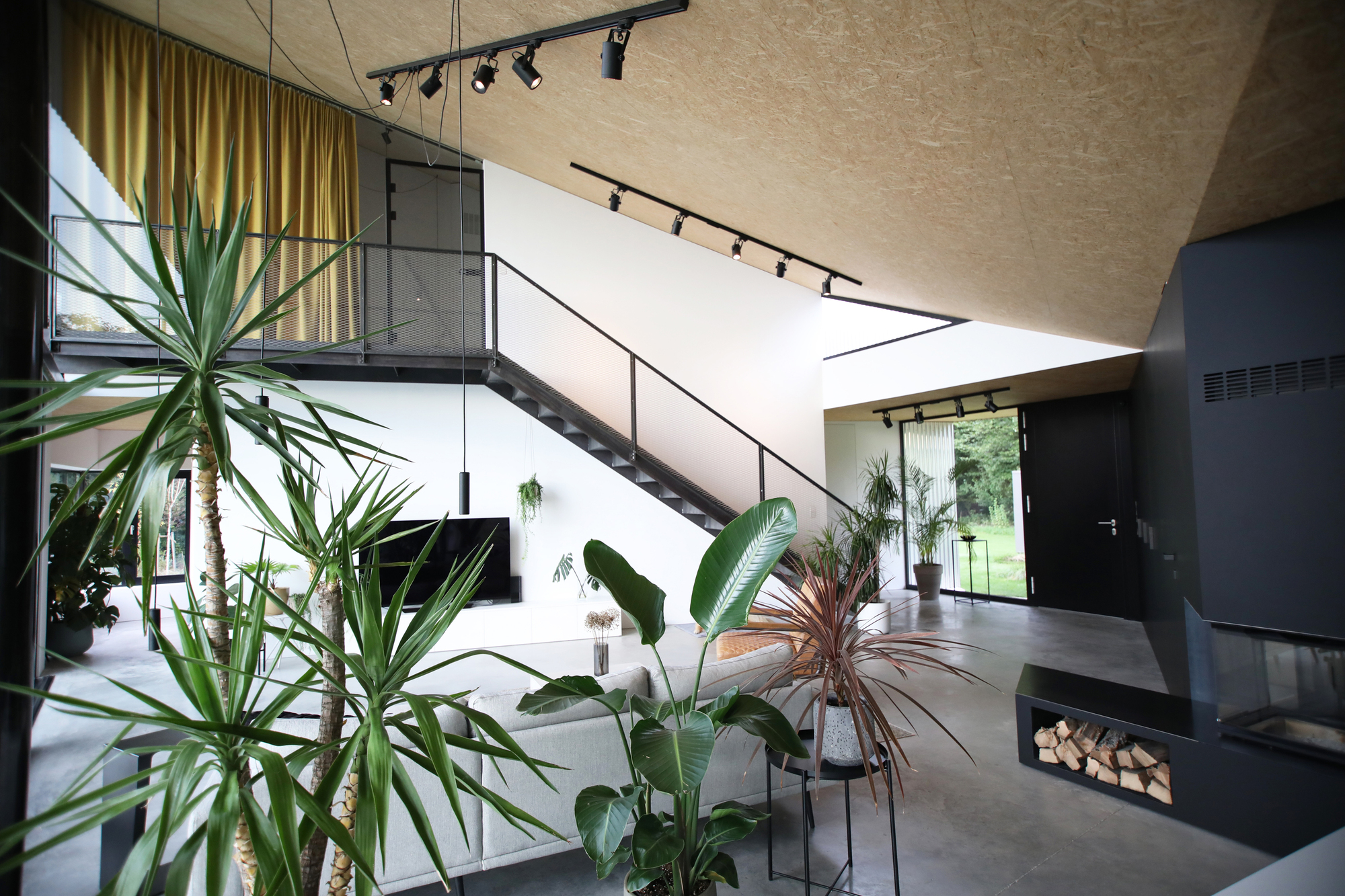 Double-height interior with metal staircase, track lighting, and potted tropical plants on polished concrete floor