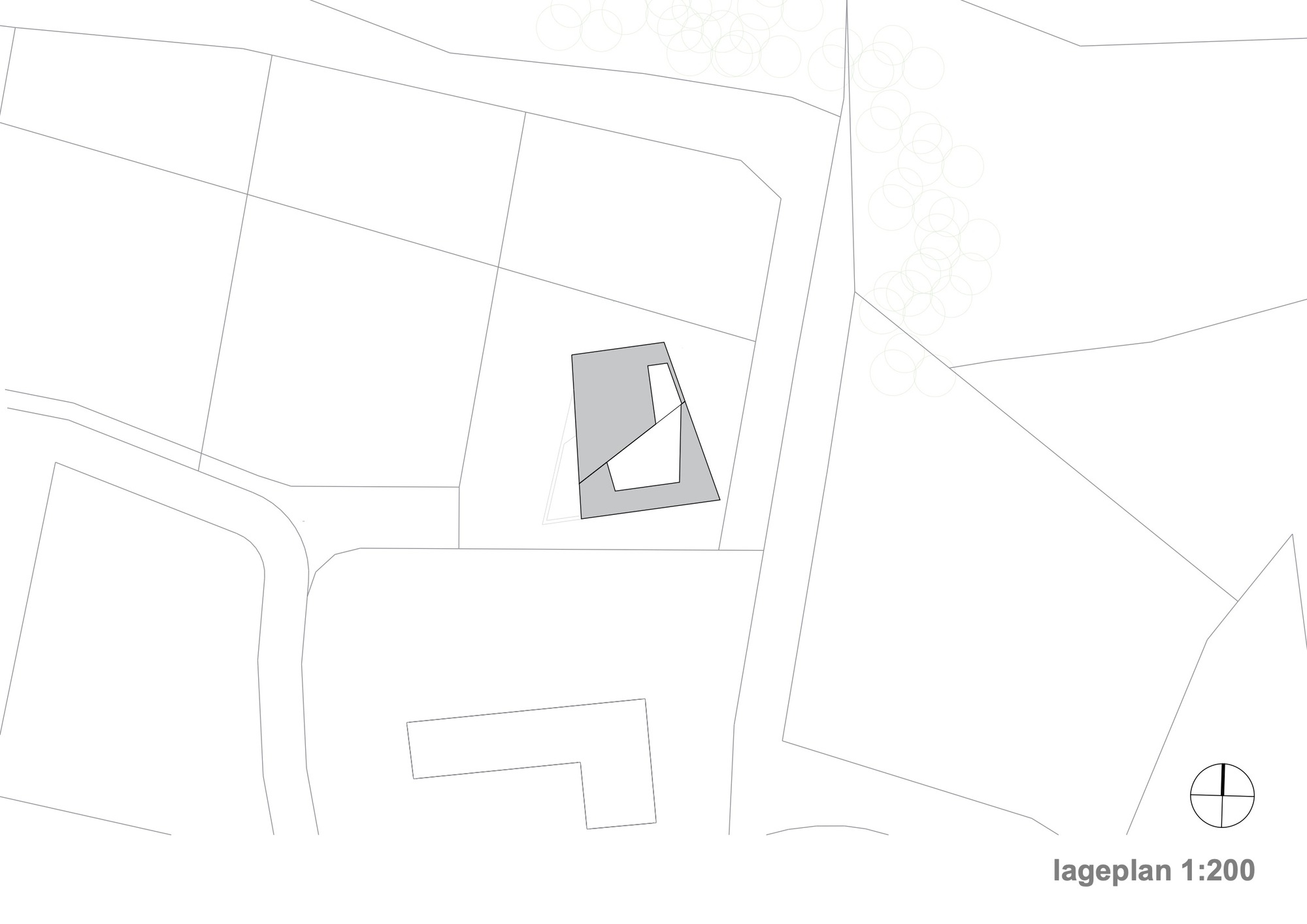 Site plan drawing showing the angled footprint of the building within its surrounding parcels