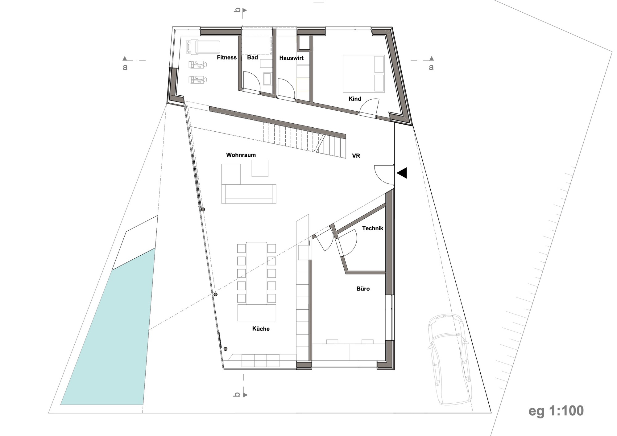 Ground floor plan drawing showing the open living space, service rooms, and adjacent pool terrace