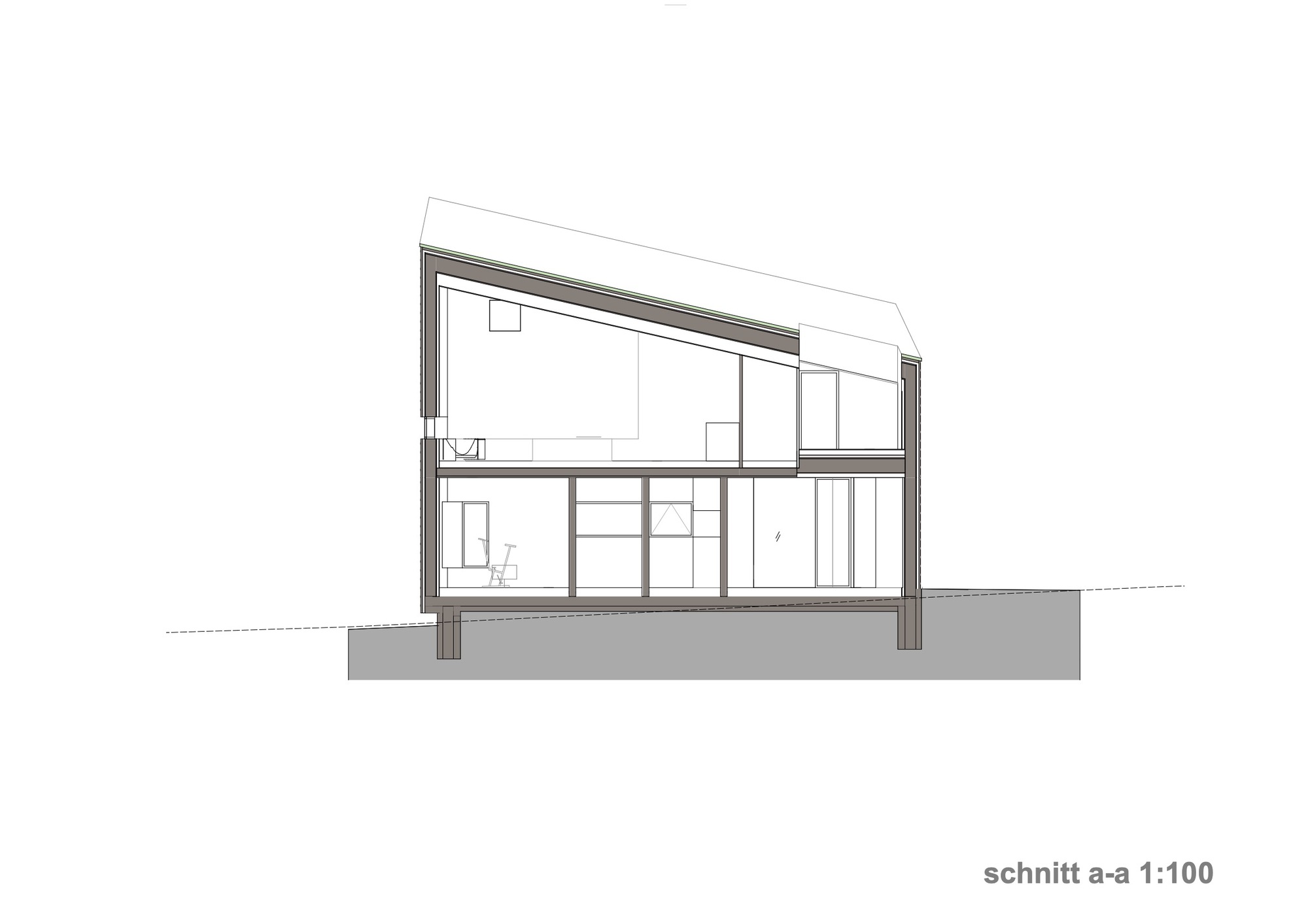 Section drawing showing the two-level interior volume beneath the sloped roof structure