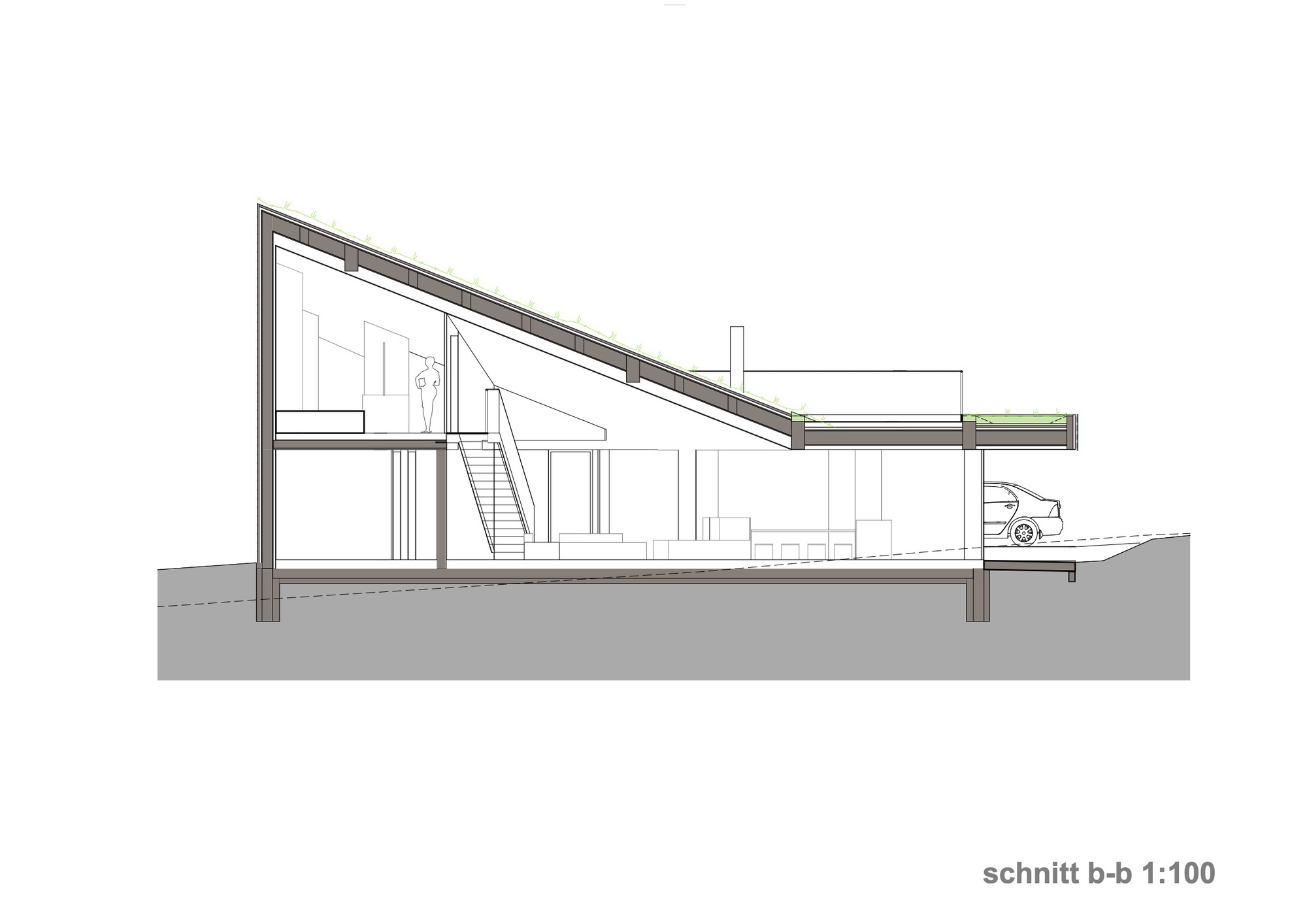 Section drawing showing the sloped roof structure, interior staircase, and carport with vehicle