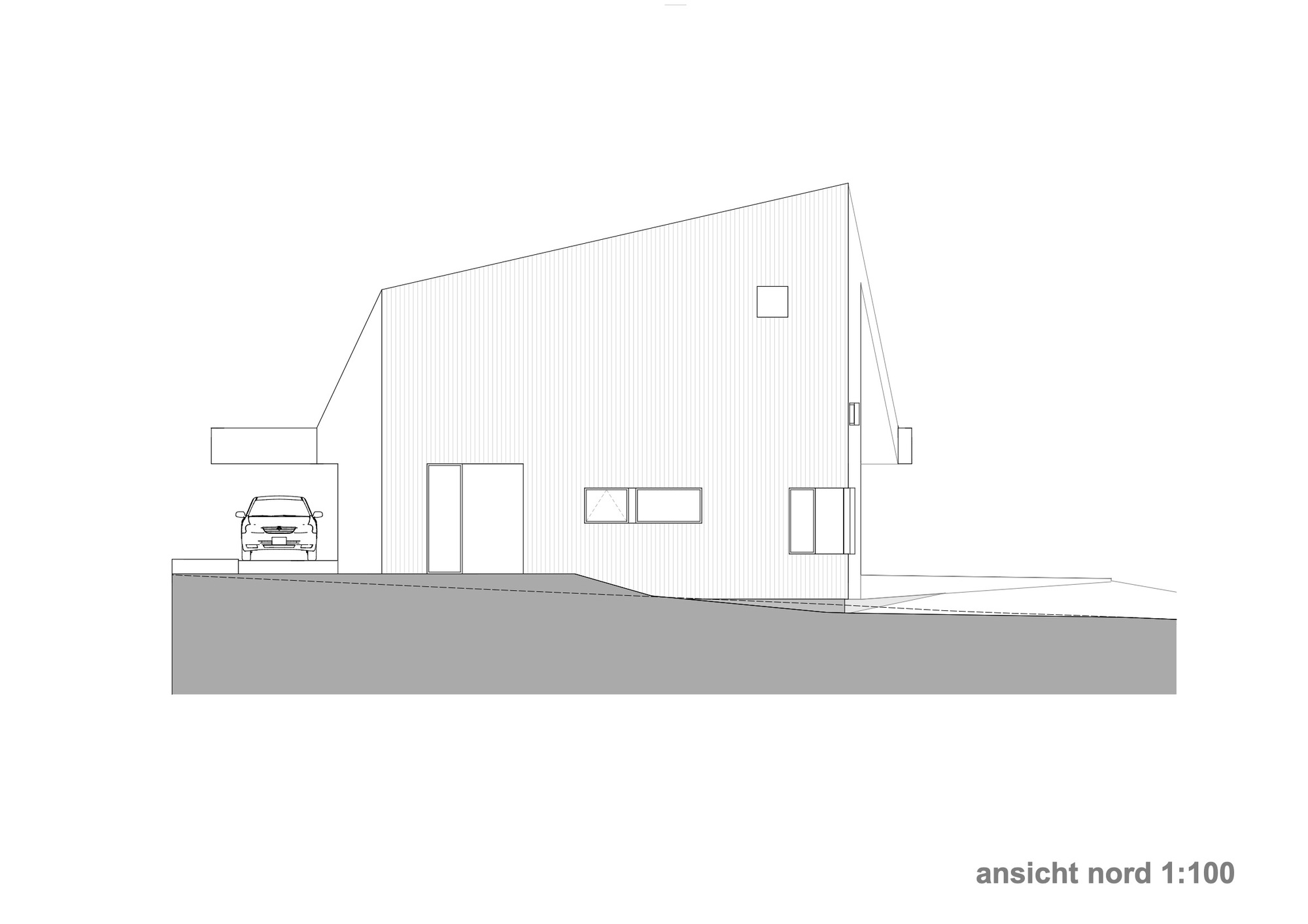 North elevation drawing showing the gabled facade with carport and rectangular window openings