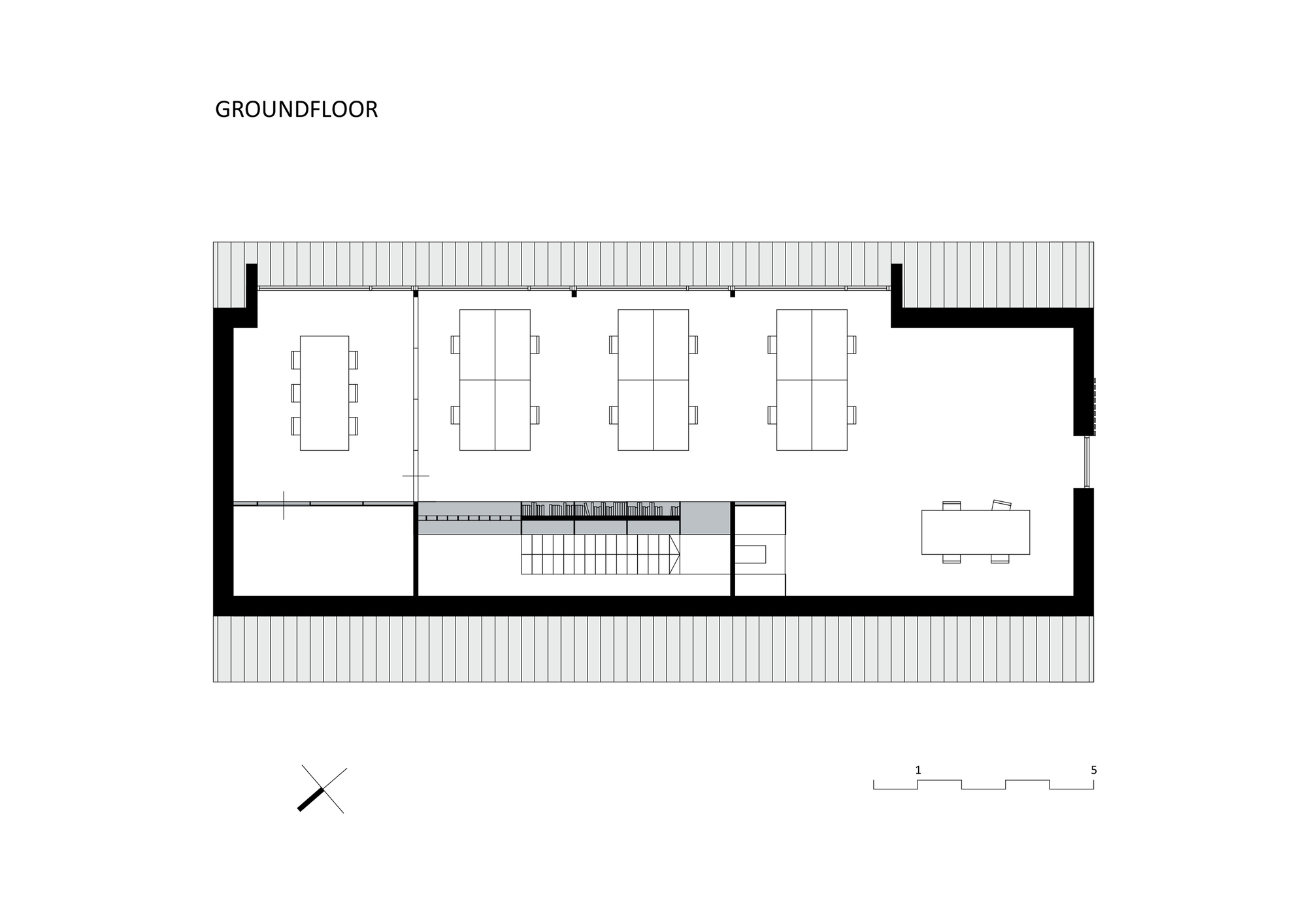Ground floor plan showing four meeting rooms, central stair, and covered terrace