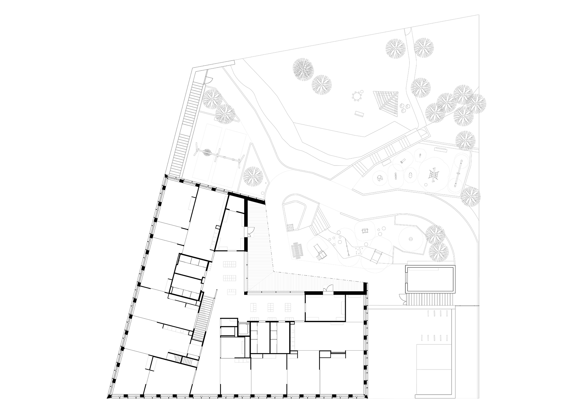 Upper floor plan drawing showing interior spaces adjacent to a landscaped terrace with planted trees