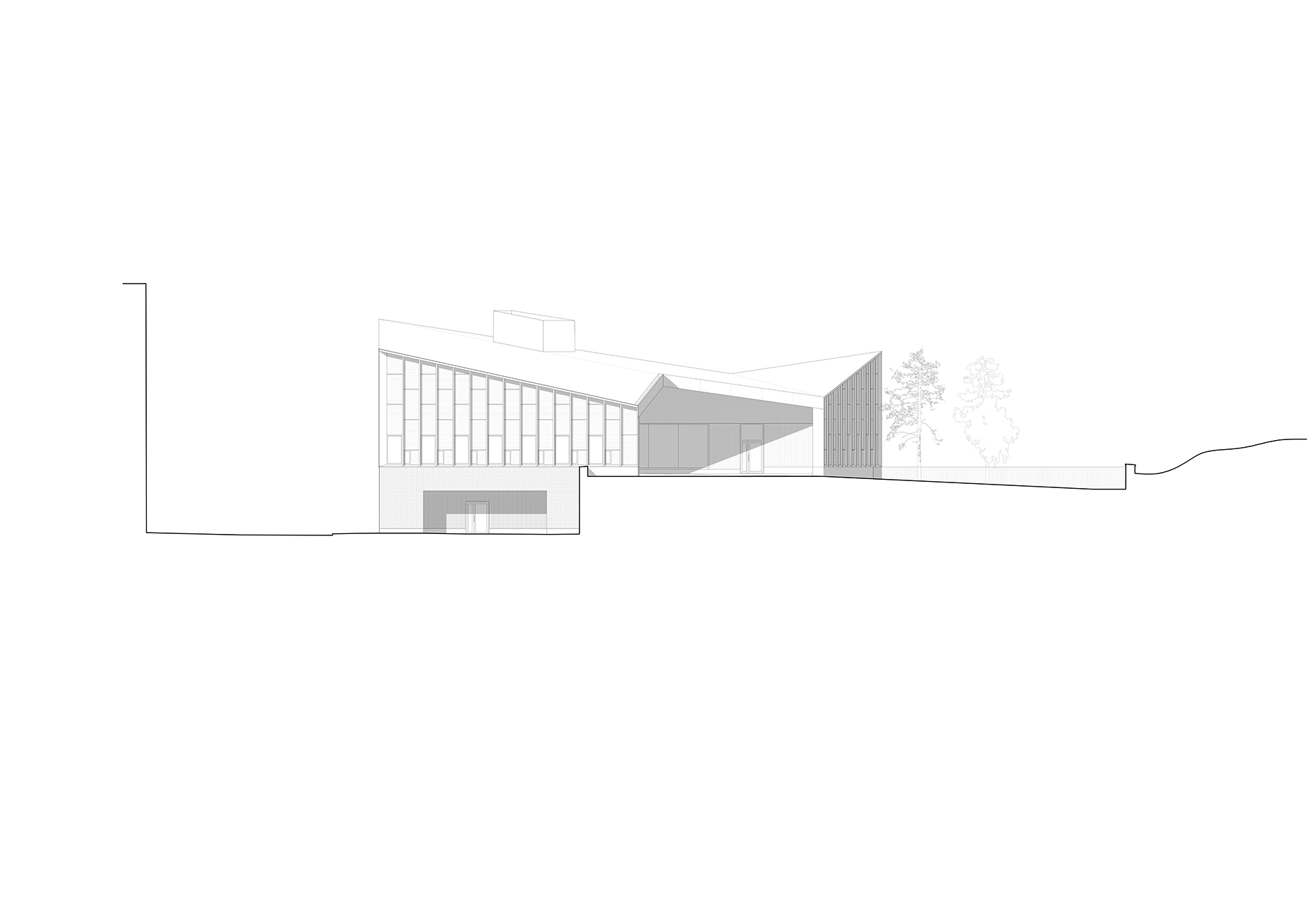 Elevation drawing showing a glazed vertical facade and sloping roof forms with trees in silhouette