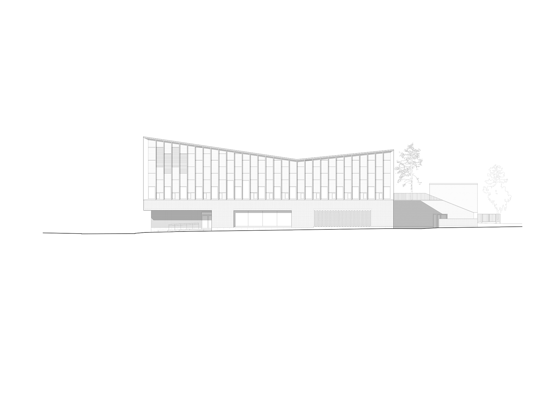 Elevation drawing depicting vertical window bays above a recessed ground floor opening and lower volumes