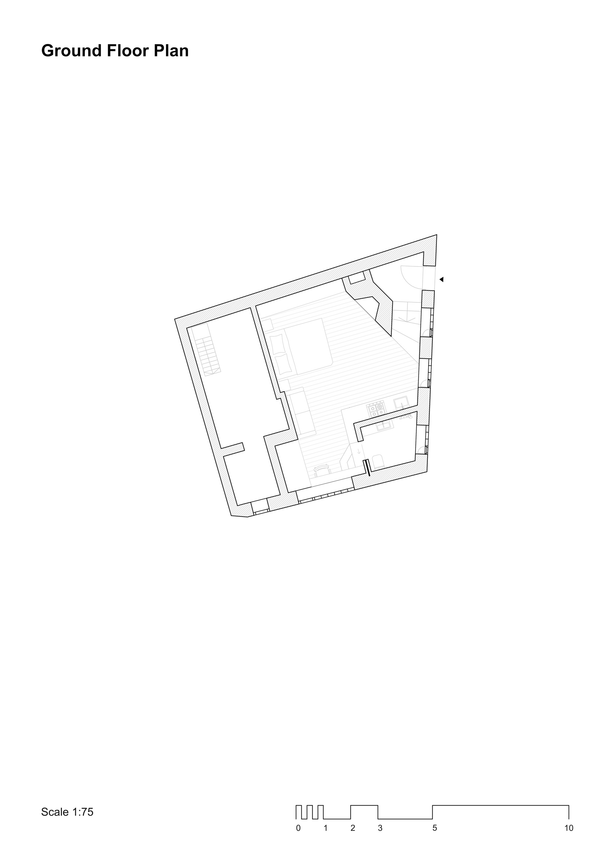 Ground floor plan drawing showing an irregular trapezoidal volume with two enclosed rooms
