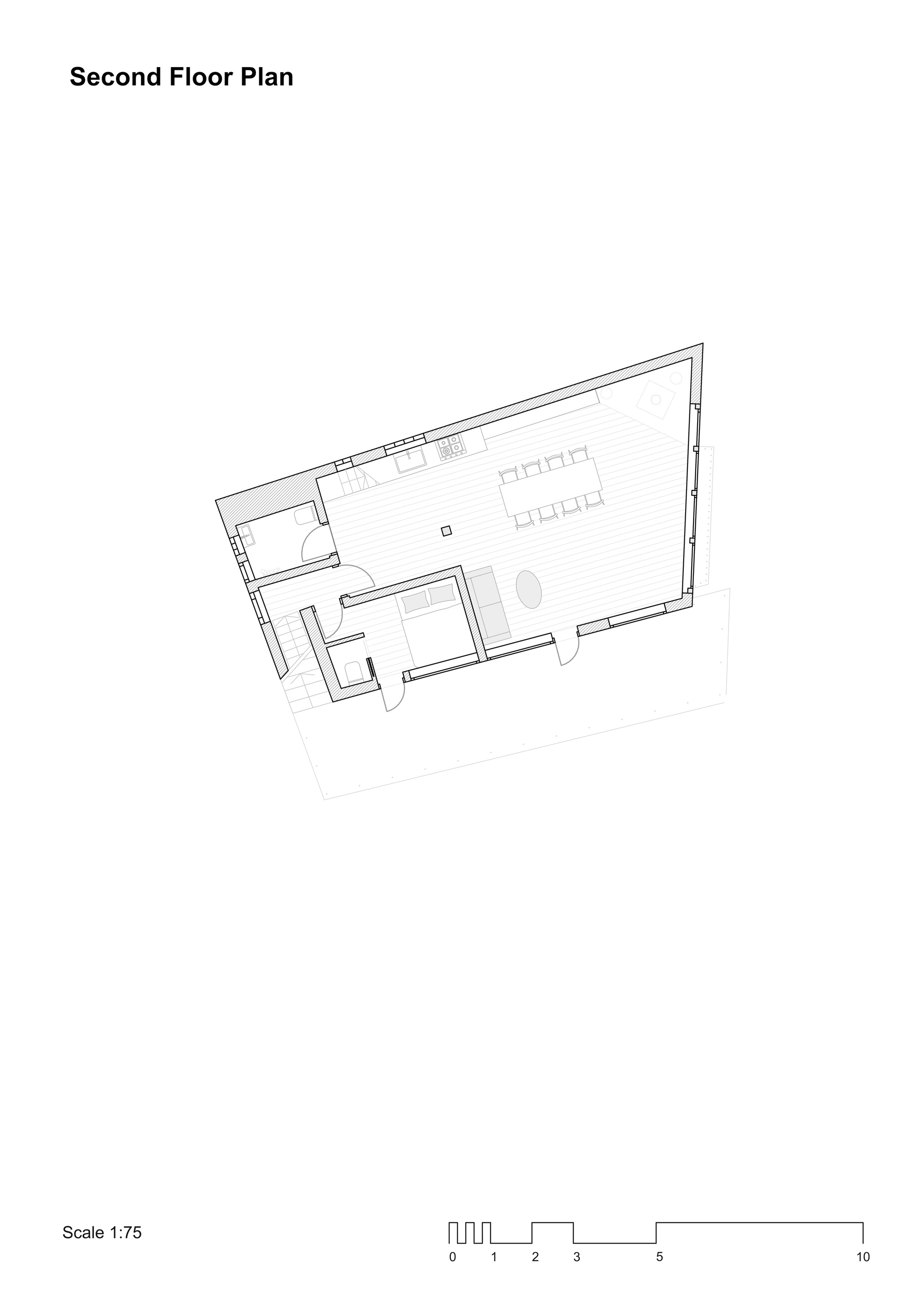 Second floor plan drawing showing an open space with kitchen and dining areas