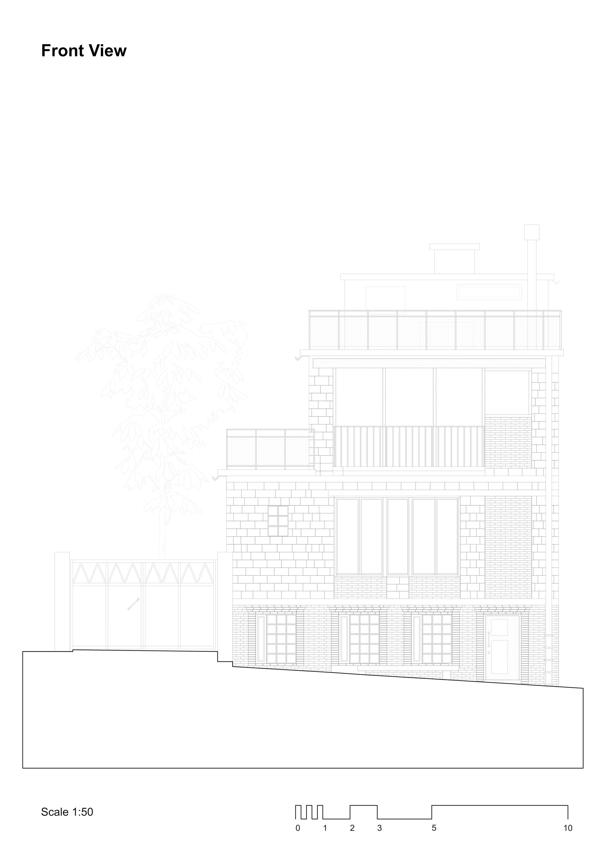 Front elevation drawing showing a multi-story facade with varied materials including masonry and vertical siding on a sloped site