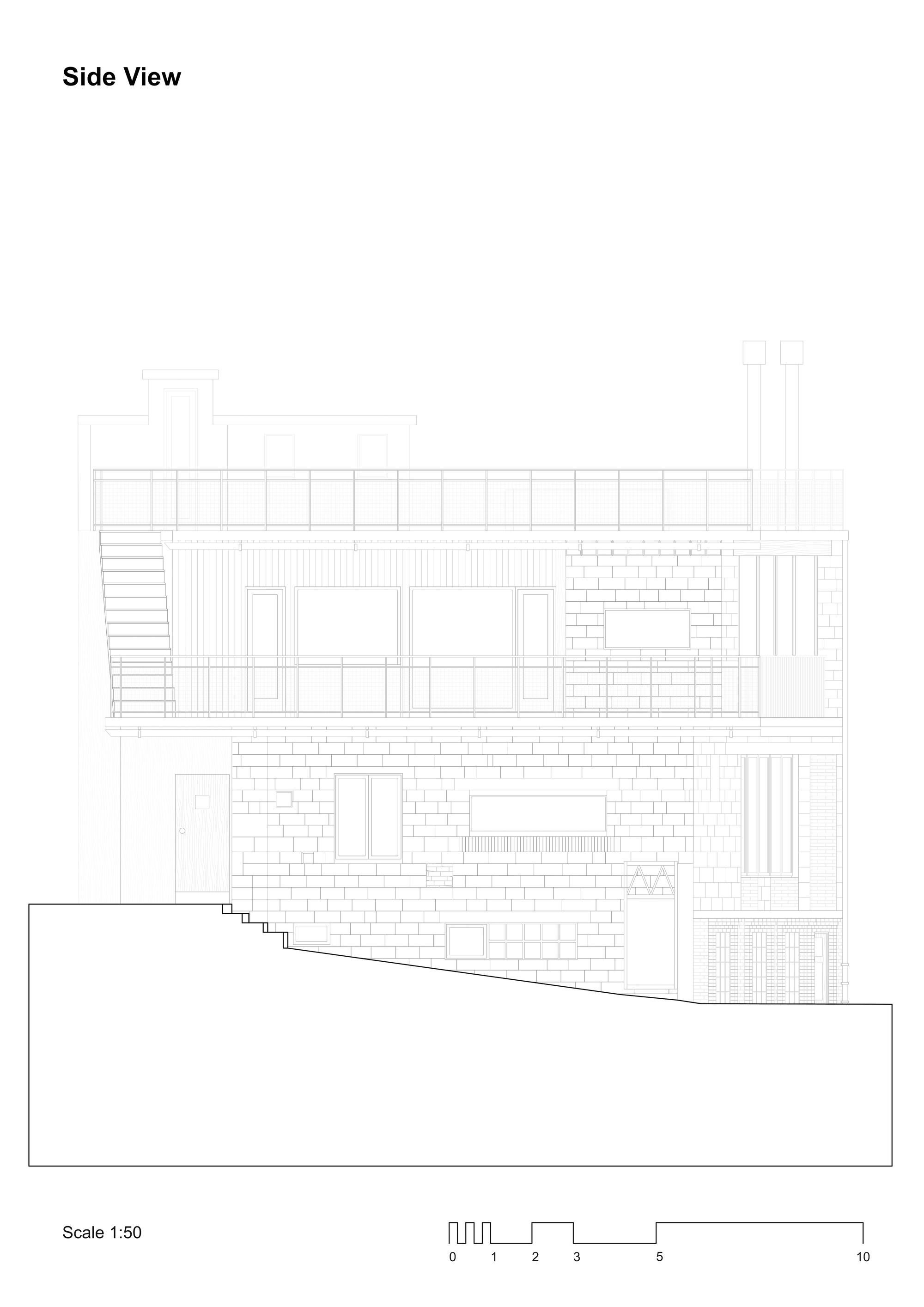 Side elevation drawing depicting stacked volumes with mixed cladding and stepped terrain below
