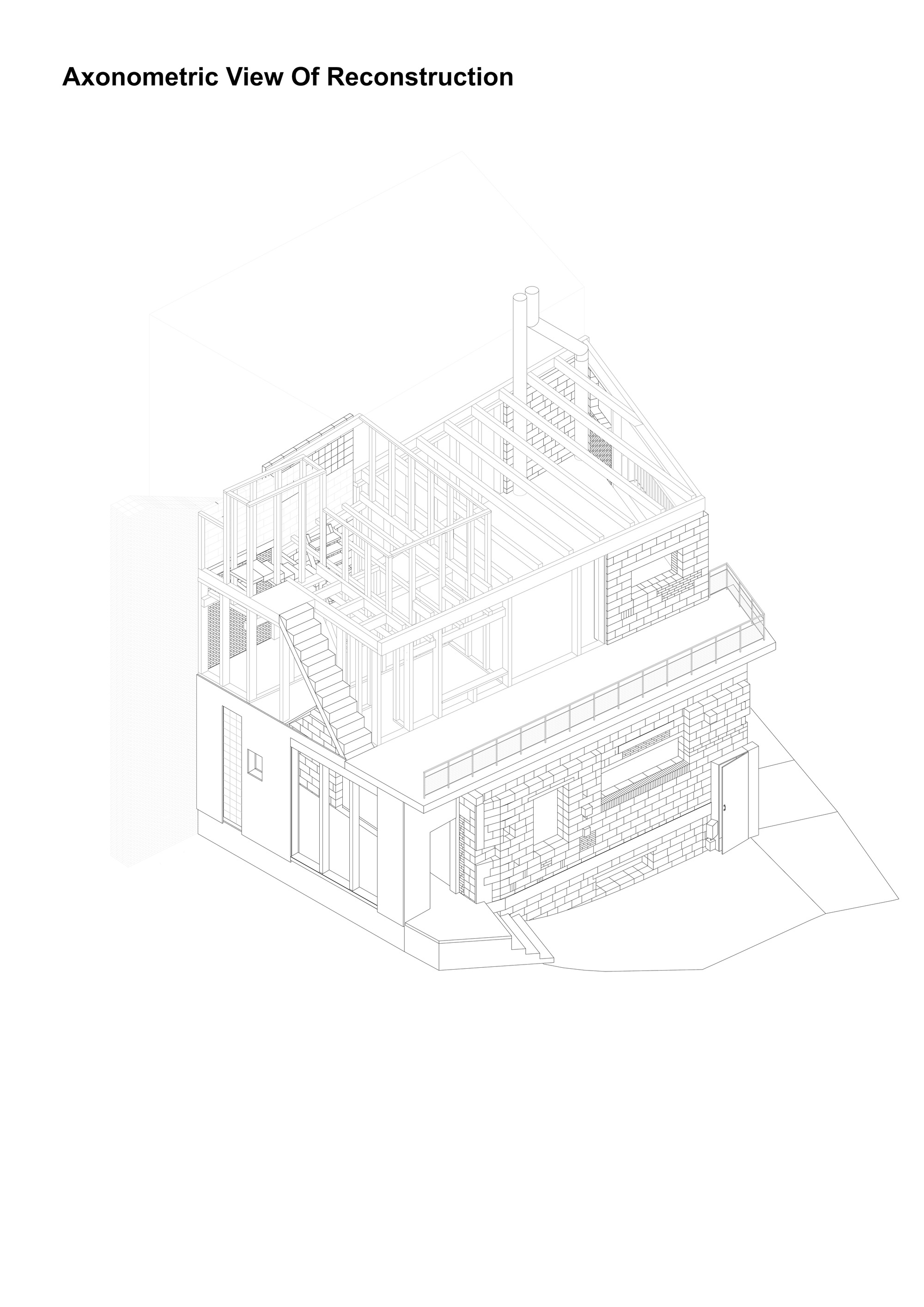 Axonometric drawing exposing framing structure, staircase, and masonry walls in exploded detail