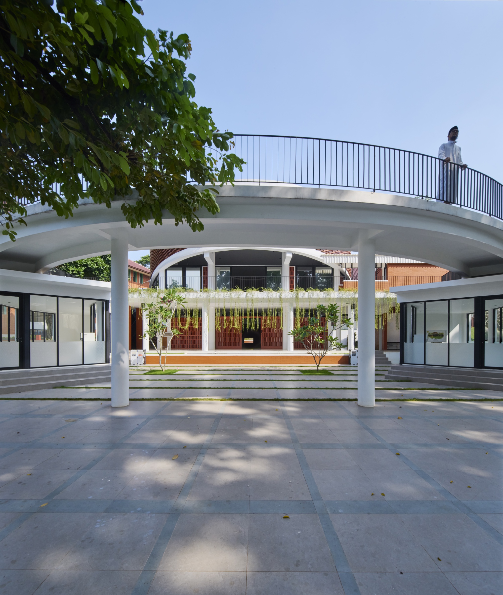 Curved cantilevered terrace with metal railing and person standing above planted ground plane with trees