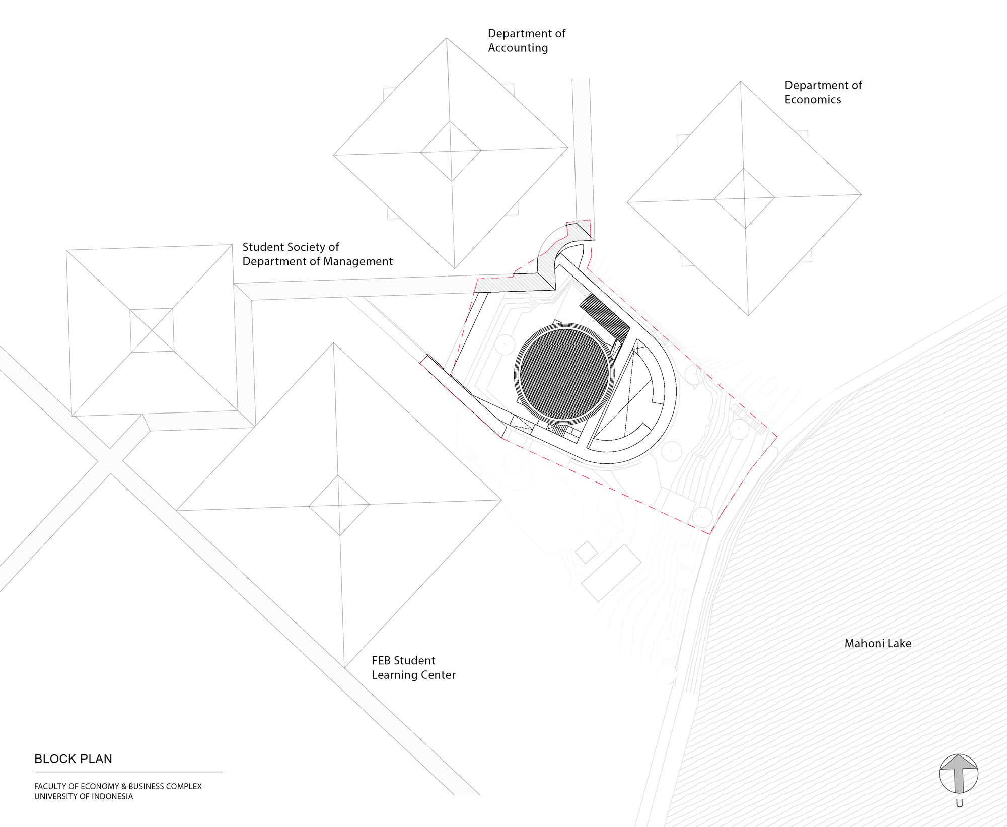 Block plan drawing showing a circular volume among diamond-shaped departmental buildings near a lakeshore