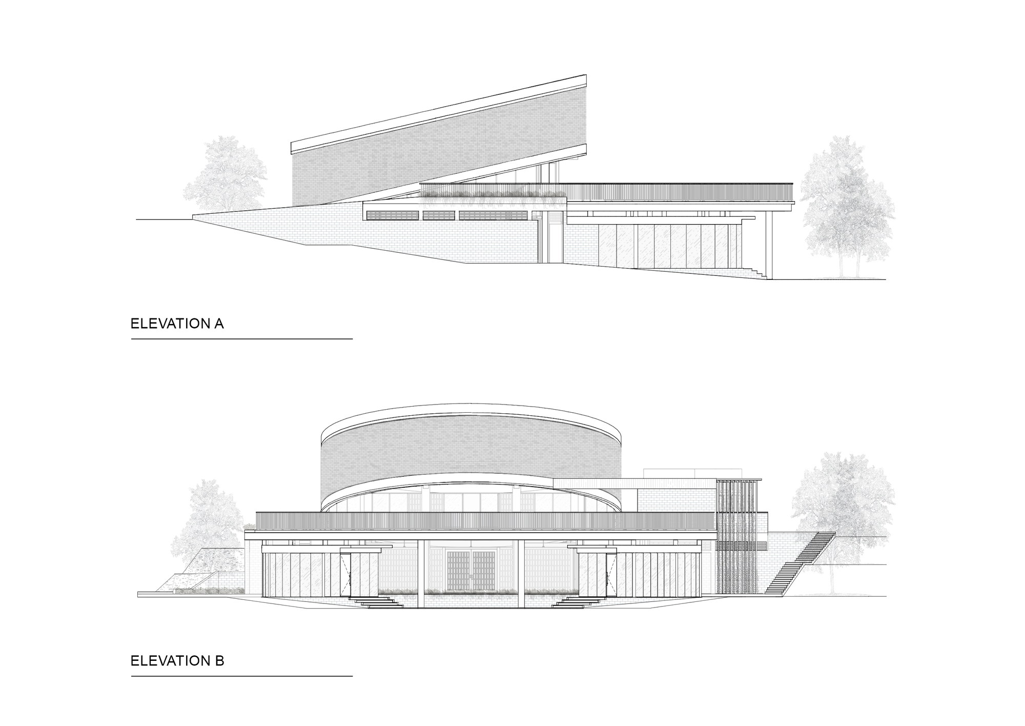 Elevation drawings showing the curved dome volume with horizontal louvers flanked by trees