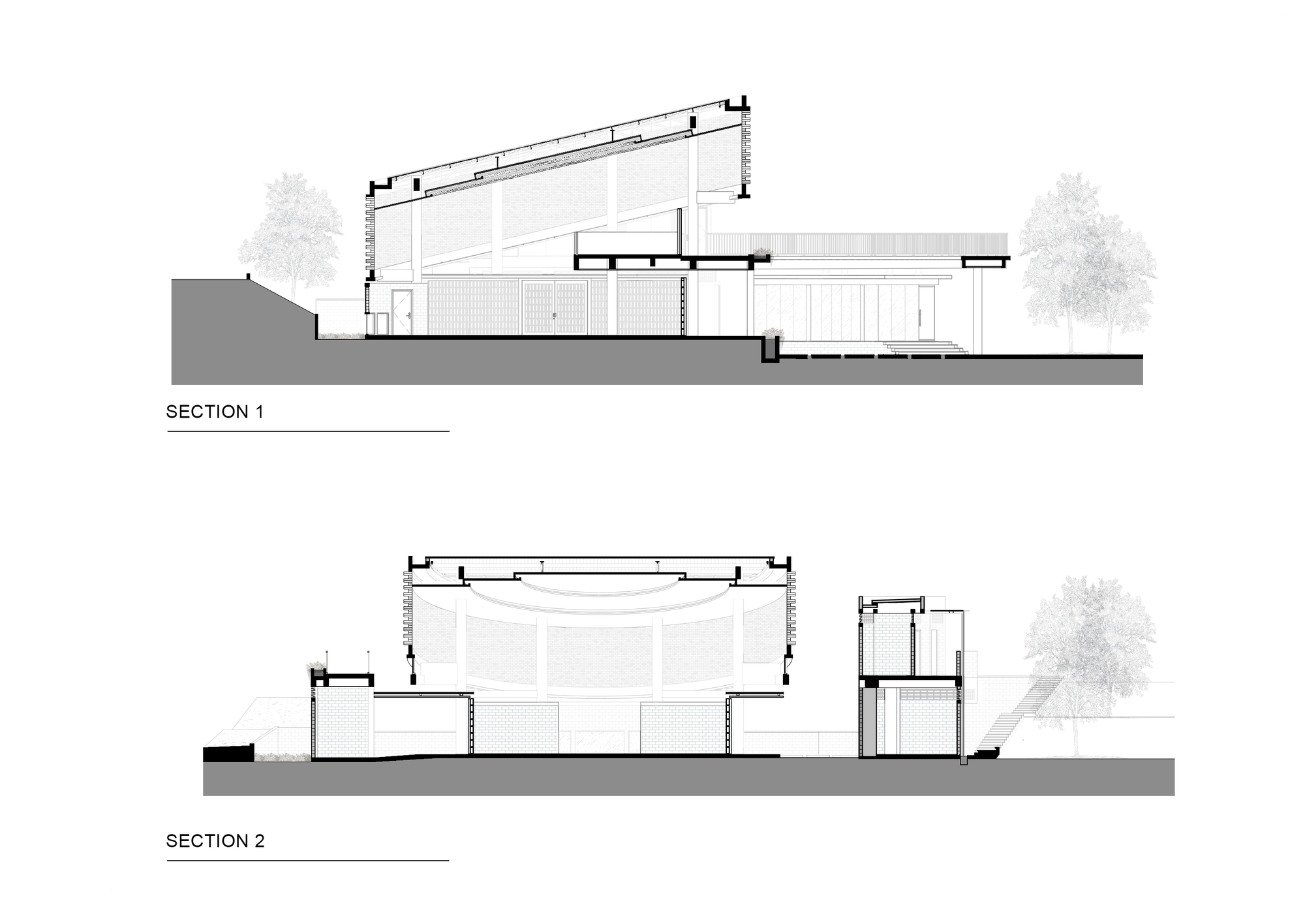 Section drawings revealing the interior spatial volumes beneath the angled roof and curved dome