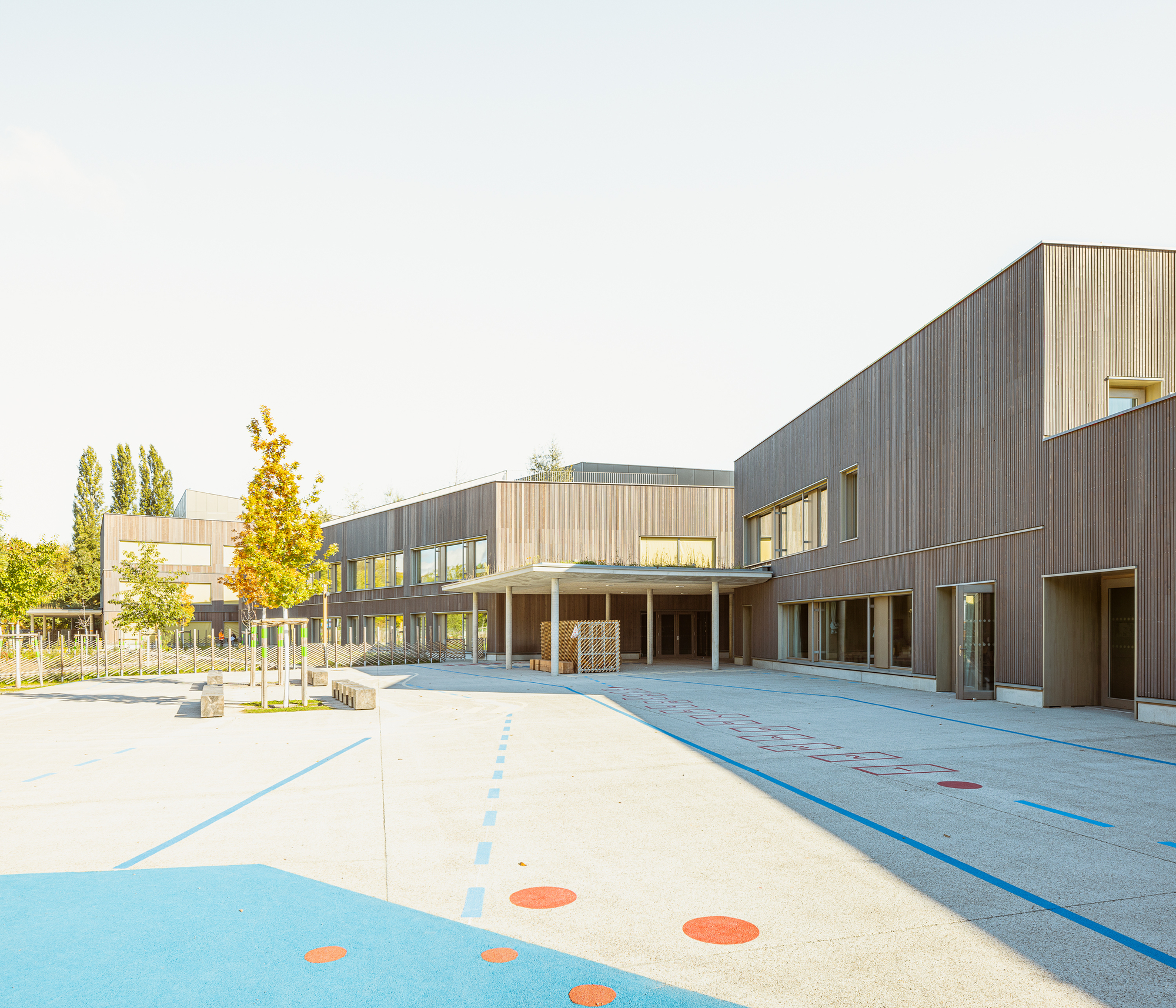 Courtyard view of the vertically ribbed timber facade with colored pavement markings in the foreground