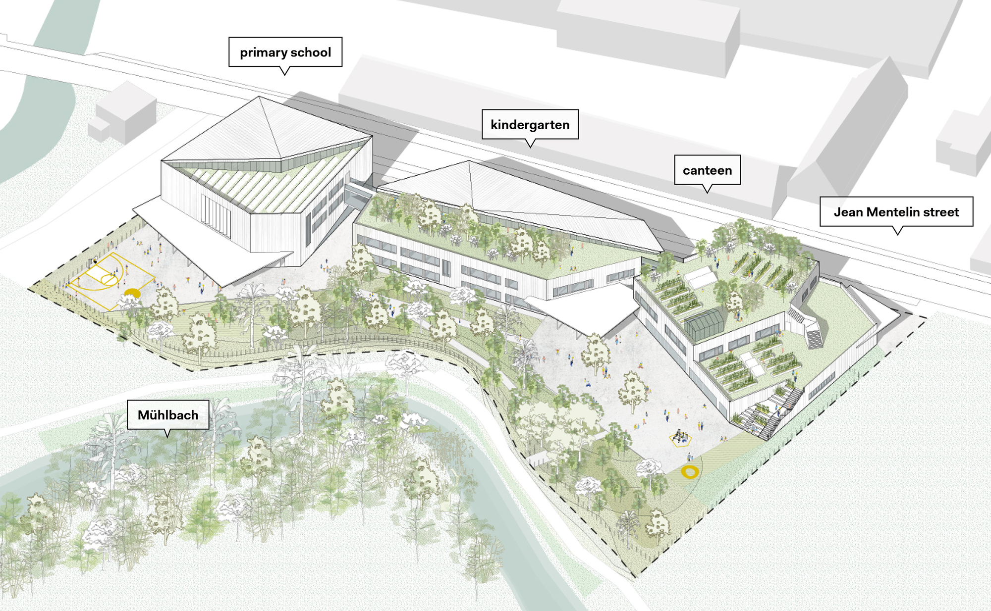 Axonometric site drawing showing three school buildings with landscaped gardens and tree-lined pathways along a waterfront